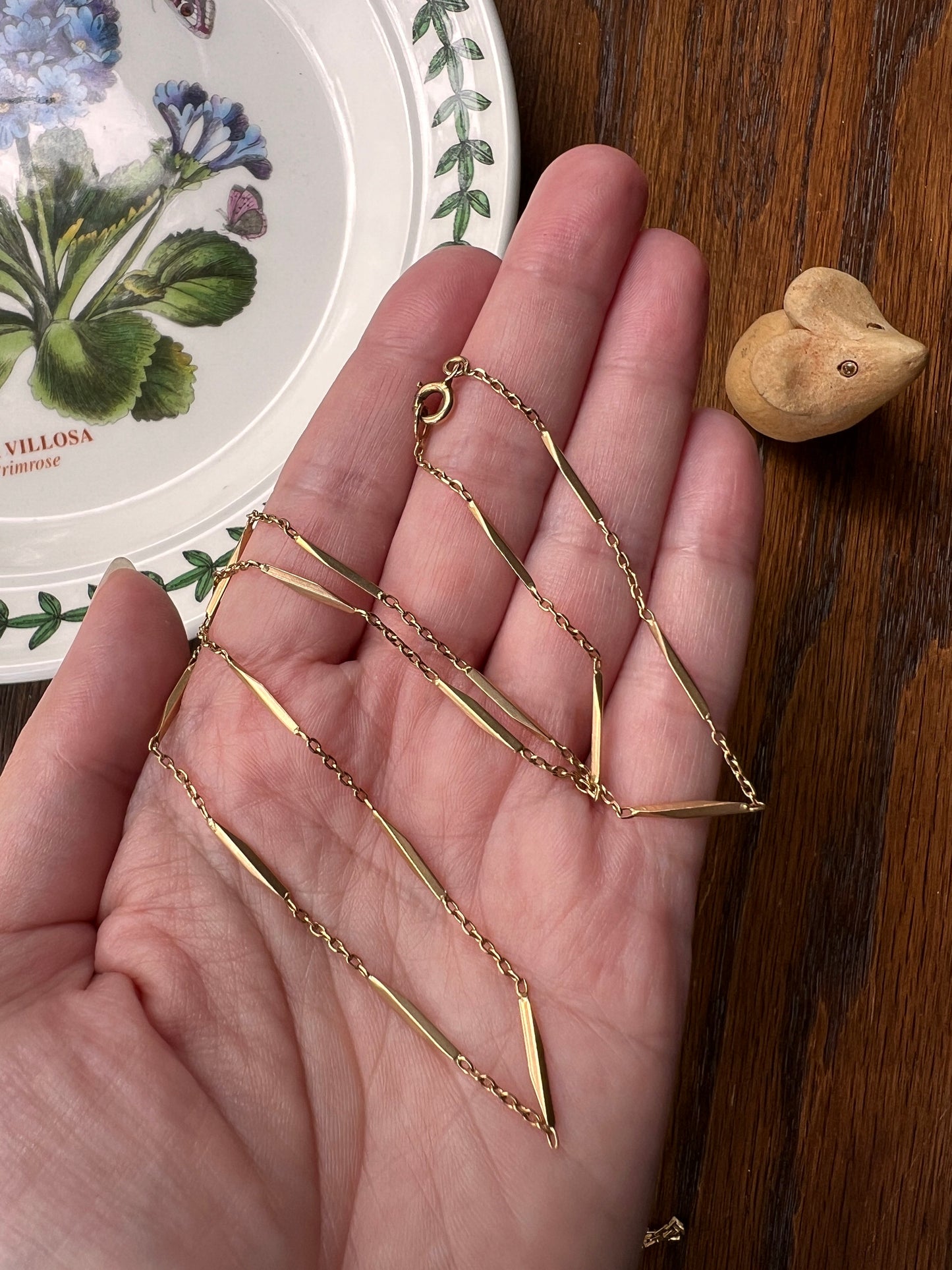 Faceted Bar Link Cable Alternating French ANTIQUE 5.6g 18k GOLD Solid 17.75" Dainty Layering Neckmess Neckstack Romantic Gift Warm Patina