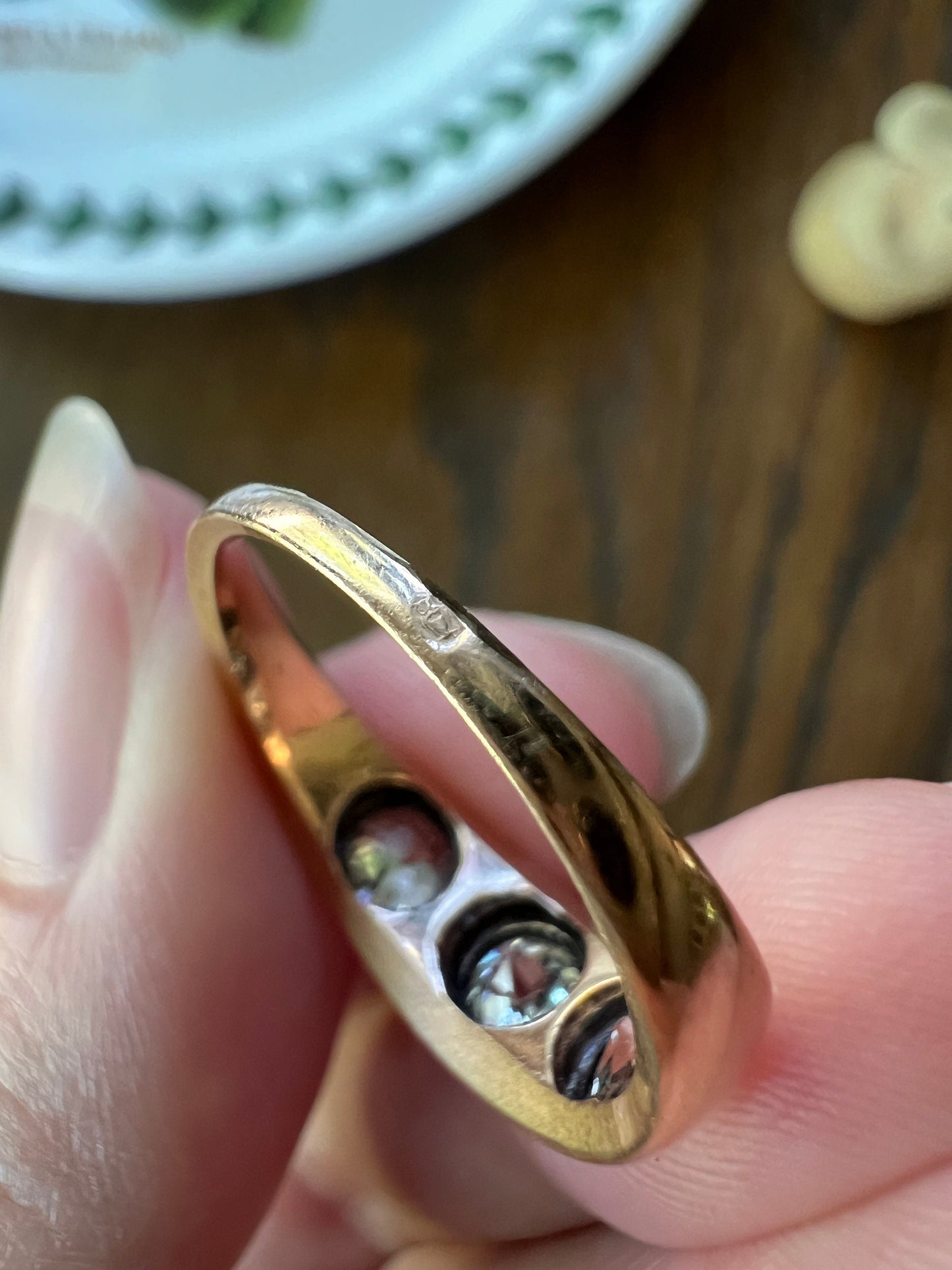 Three Stone 1.15 Carat Old European Cut ANTIQUE 18k Rose Gold Ring Chunky Stacker Gypsy Band French Belle Epoque Romantic Gift OEC Unisex
