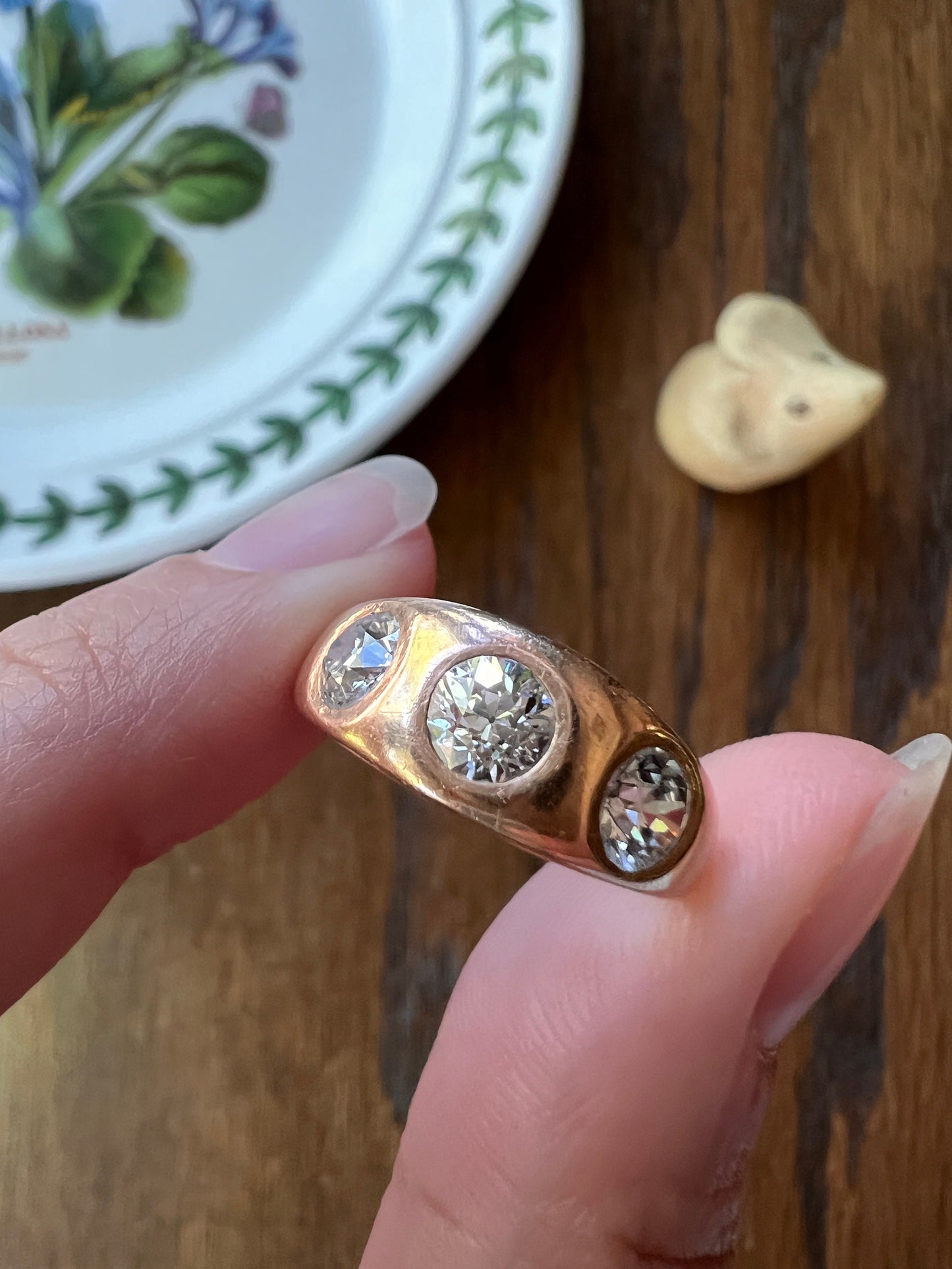 Three Stone 1.15 Carat Old European Cut ANTIQUE 18k Rose Gold Ring Chunky Stacker Gypsy Band French Belle Epoque Romantic Gift OEC Unisex