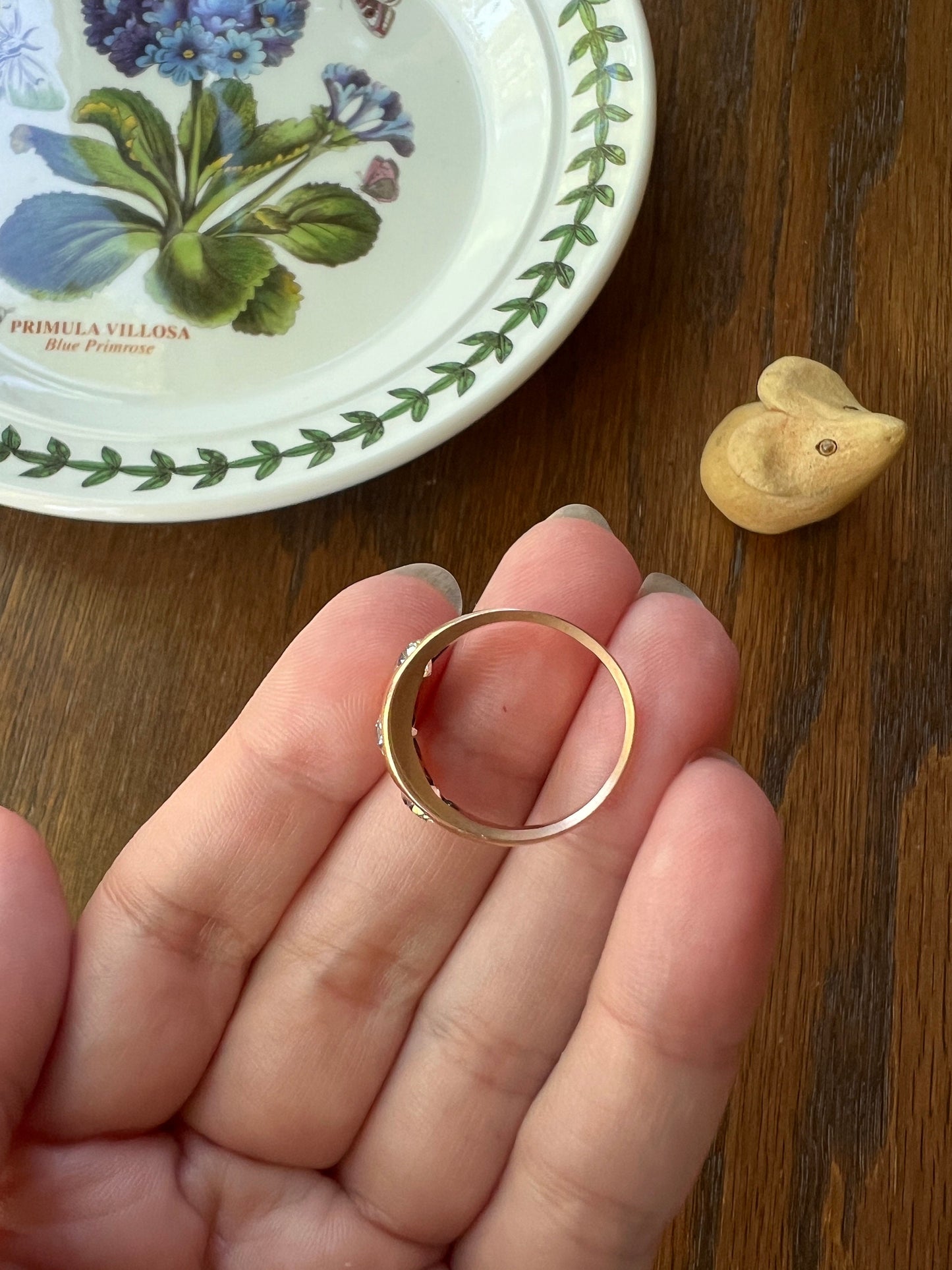 Three Stone 1.15 Carat Old European Cut ANTIQUE 18k Rose Gold Ring Chunky Stacker Gypsy Band French Belle Epoque Romantic Gift OEC Unisex