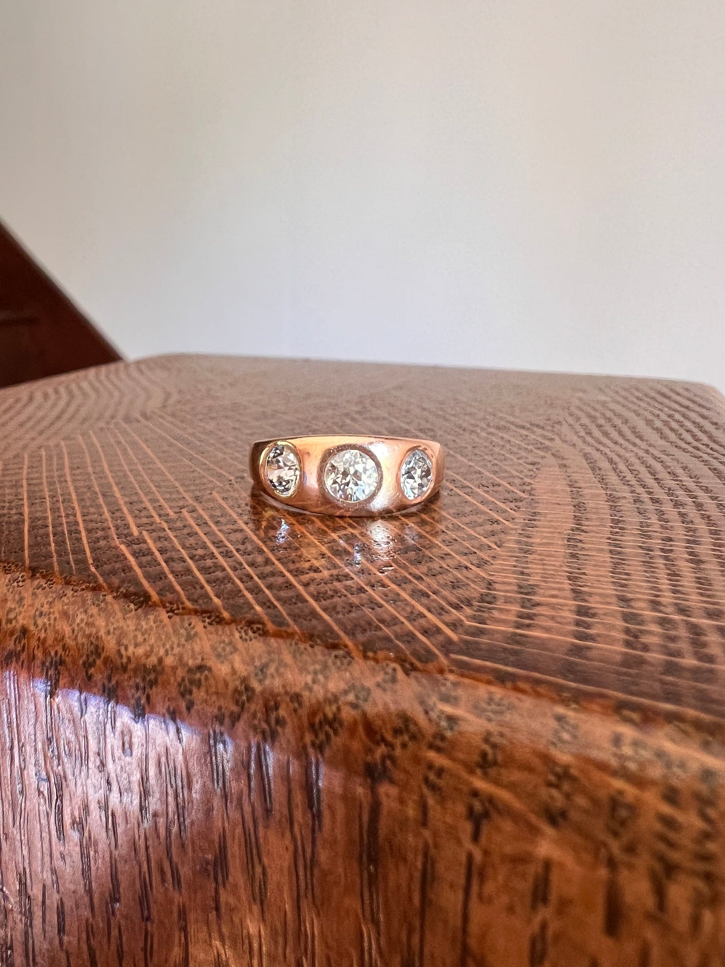Three Stone 1.15 Carat Old European Cut ANTIQUE 18k Rose Gold Ring Chunky Stacker Gypsy Band French Belle Epoque Romantic Gift OEC Unisex