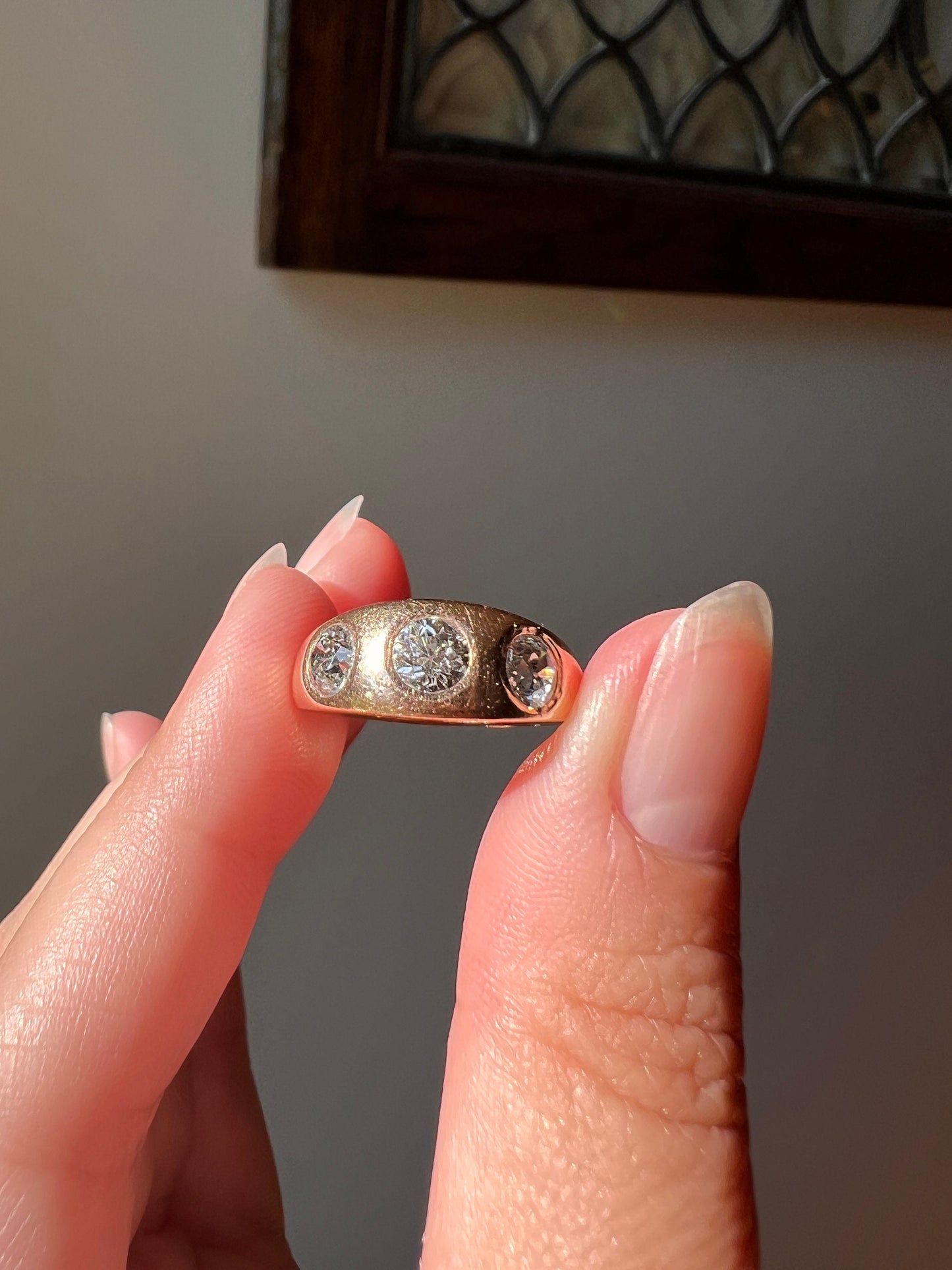 Three Stone 1.15 Carat Old European Cut ANTIQUE 18k Rose Gold Ring Chunky Stacker Gypsy Band French Belle Epoque Romantic Gift OEC Unisex