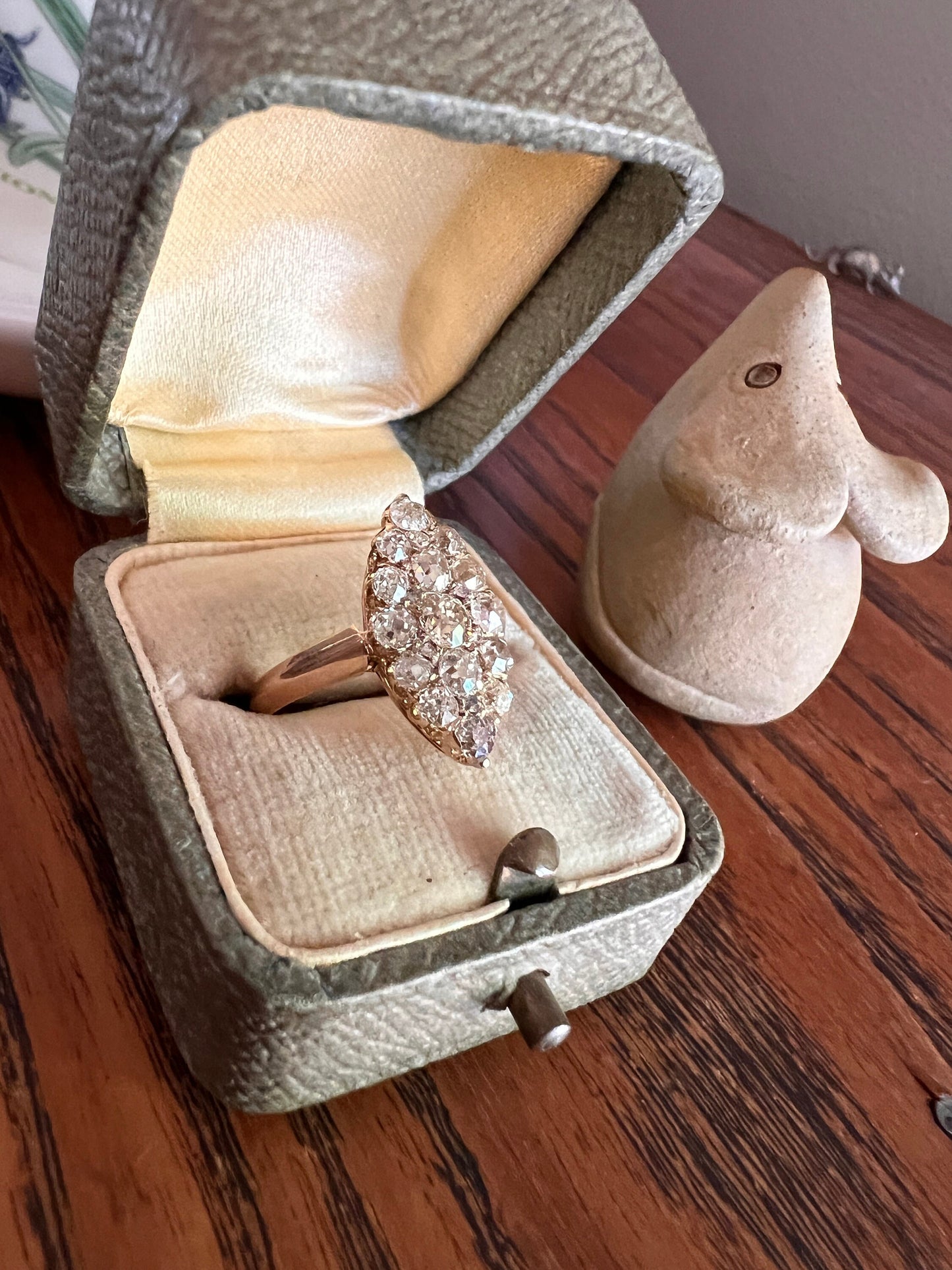 NAVETTE 1.2 Carat Old Mine Cut DIAMOND Yellow Green Victorian Antique 18k Gold Ring Stacker Romantic Gift OMC Chunky Cobblestone Texture OmC