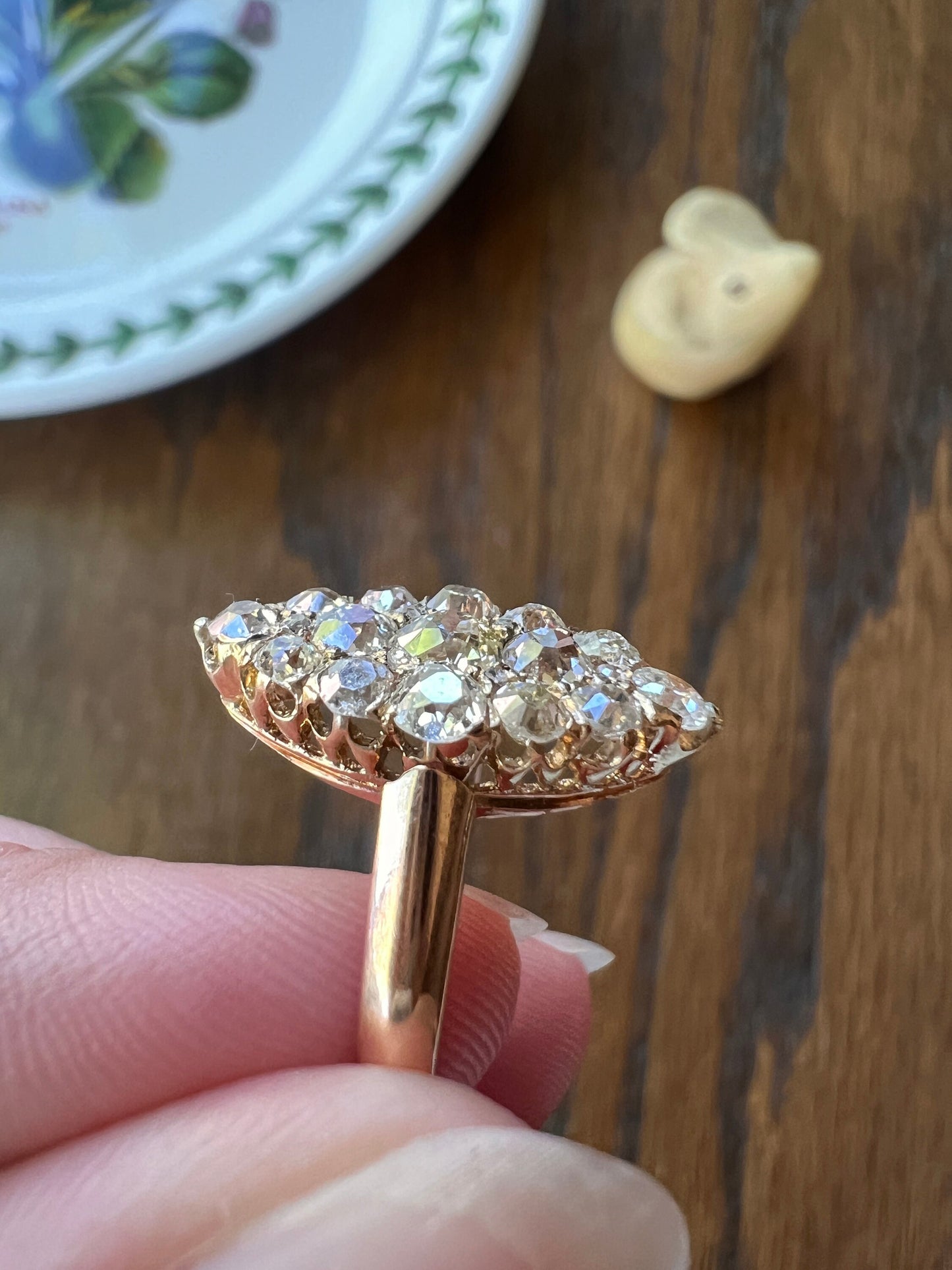 NAVETTE 1.2 Carat Old Mine Cut DIAMOND Yellow Green Victorian Antique 18k Gold Ring Stacker Romantic Gift OMC Chunky Cobblestone Texture OmC