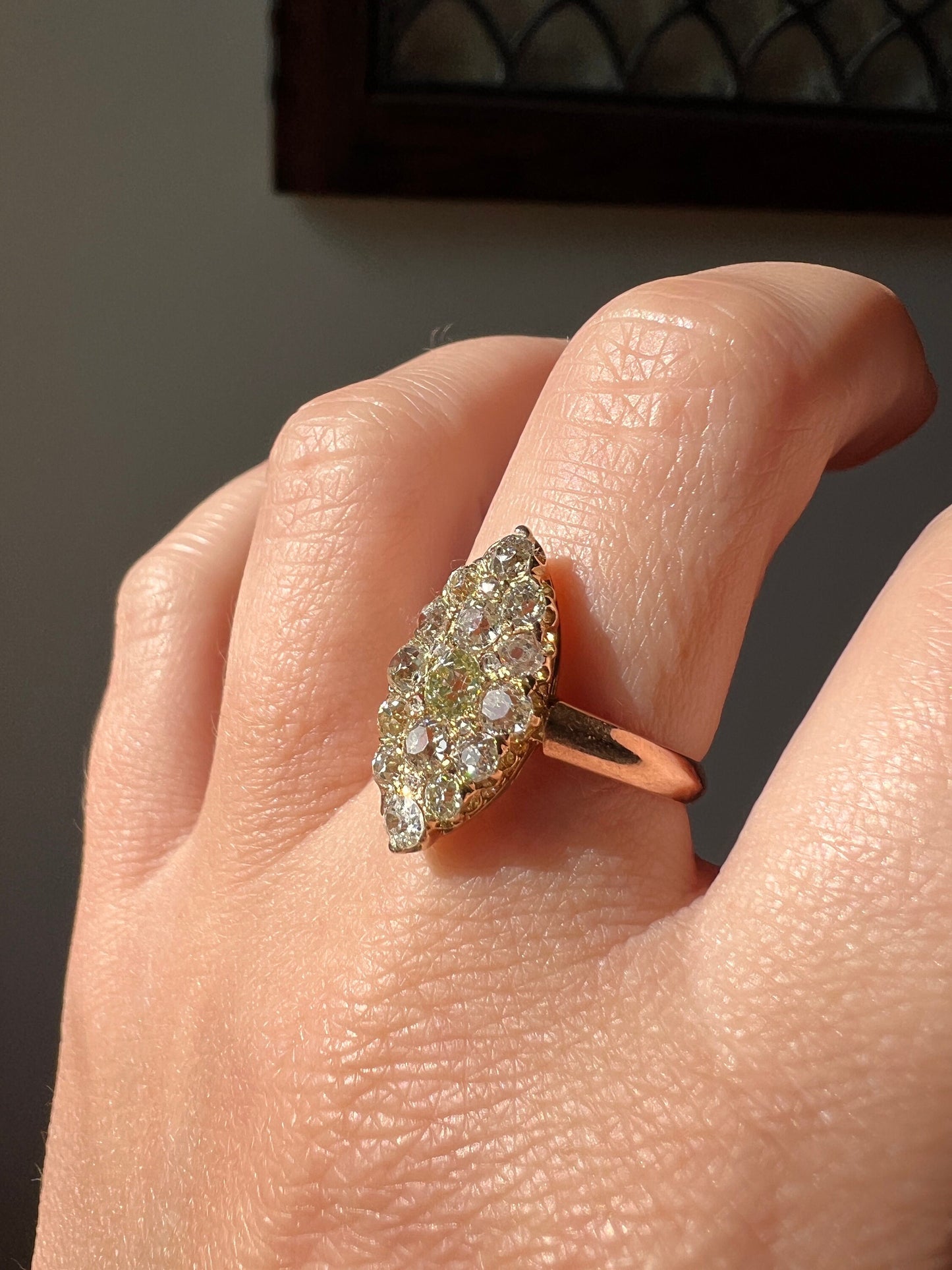 NAVETTE 1.2 Carat Old Mine Cut DIAMOND Yellow Green Victorian Antique 18k Gold Ring Stacker Romantic Gift OMC Chunky Cobblestone Texture OmC