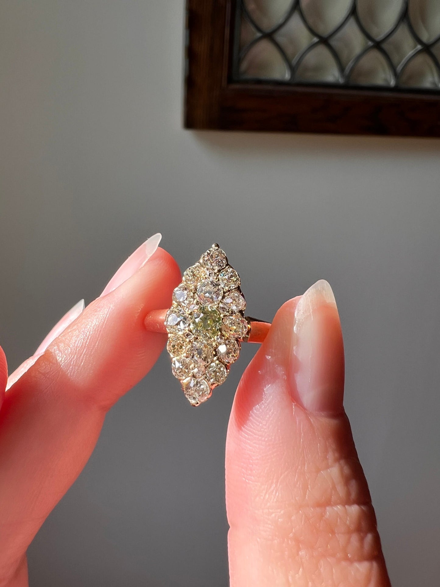 NAVETTE 1.2 Carat Old Mine Cut DIAMOND Yellow Green Victorian Antique 18k Gold Ring Stacker Romantic Gift OMC Chunky Cobblestone Texture OmC
