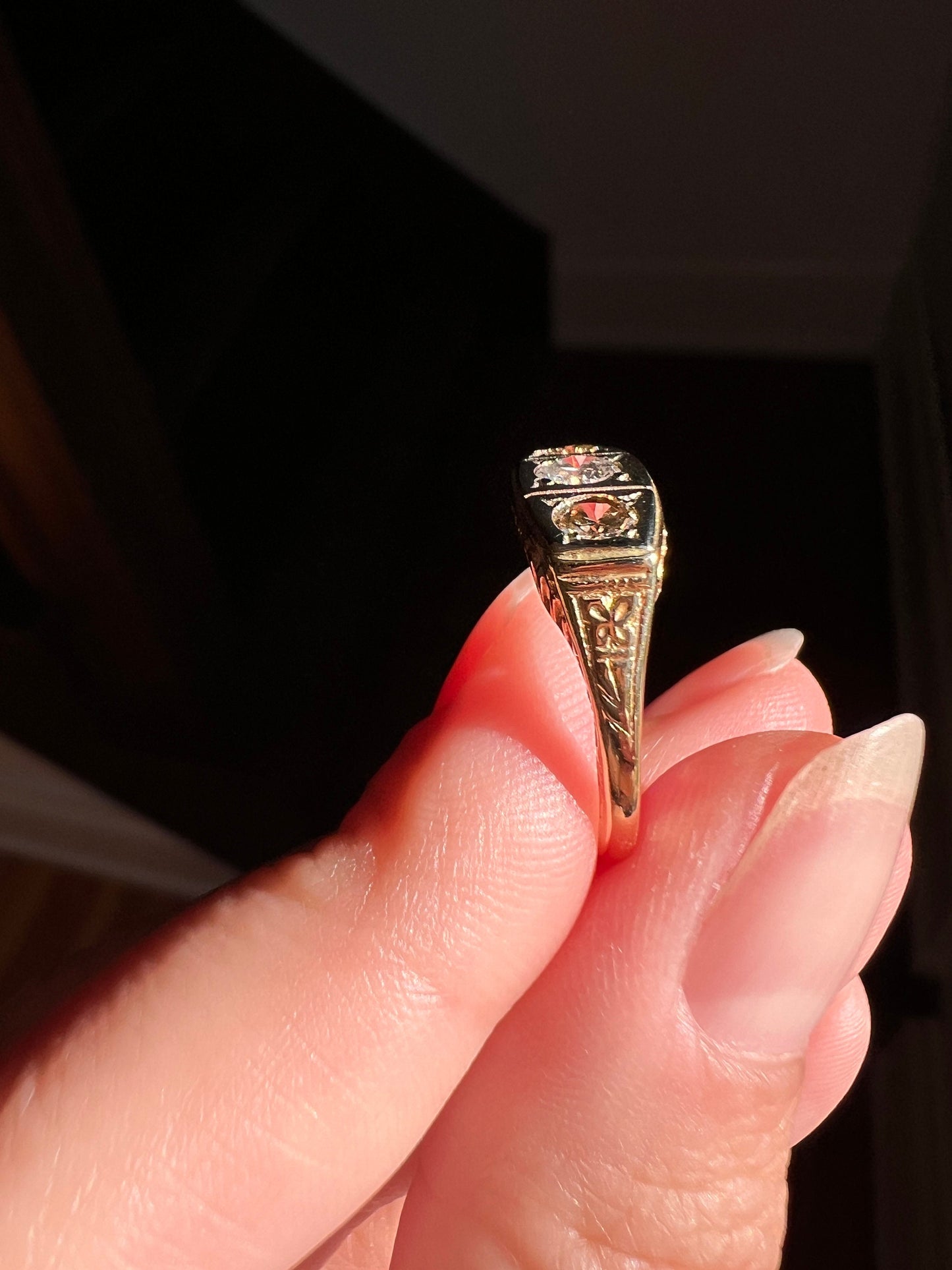 CHAMPAGNE, Colorless & Fancy BROWN Three Stone DIAMOND Ring 14k Yellow Gold Forget Me Not Flowers Vintage Art Deco Wide Band Stacker Gift