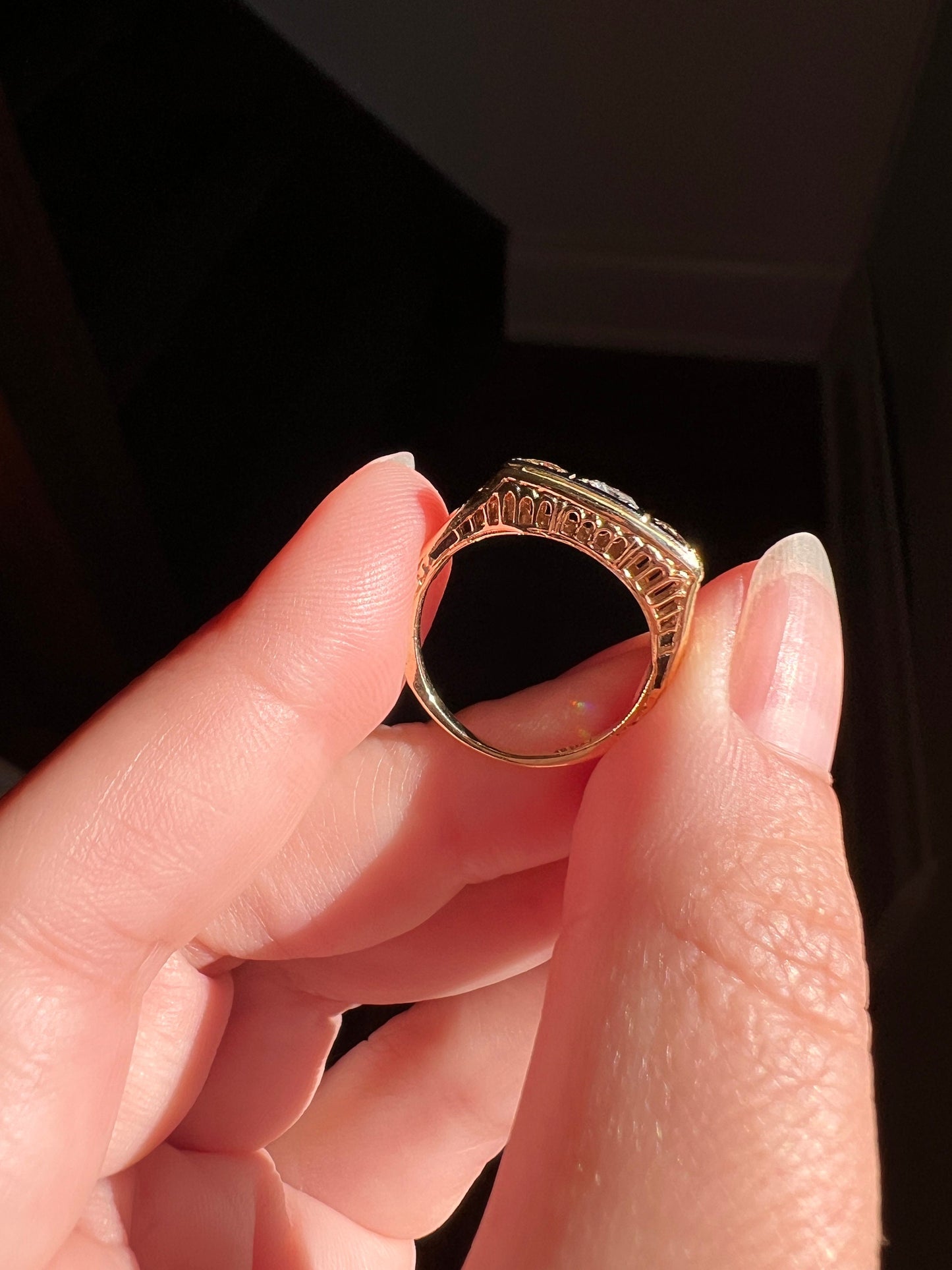 CHAMPAGNE, Colorless & Fancy BROWN Three Stone DIAMOND Ring 14k Yellow Gold Forget Me Not Flowers Vintage Art Deco Wide Band Stacker Gift