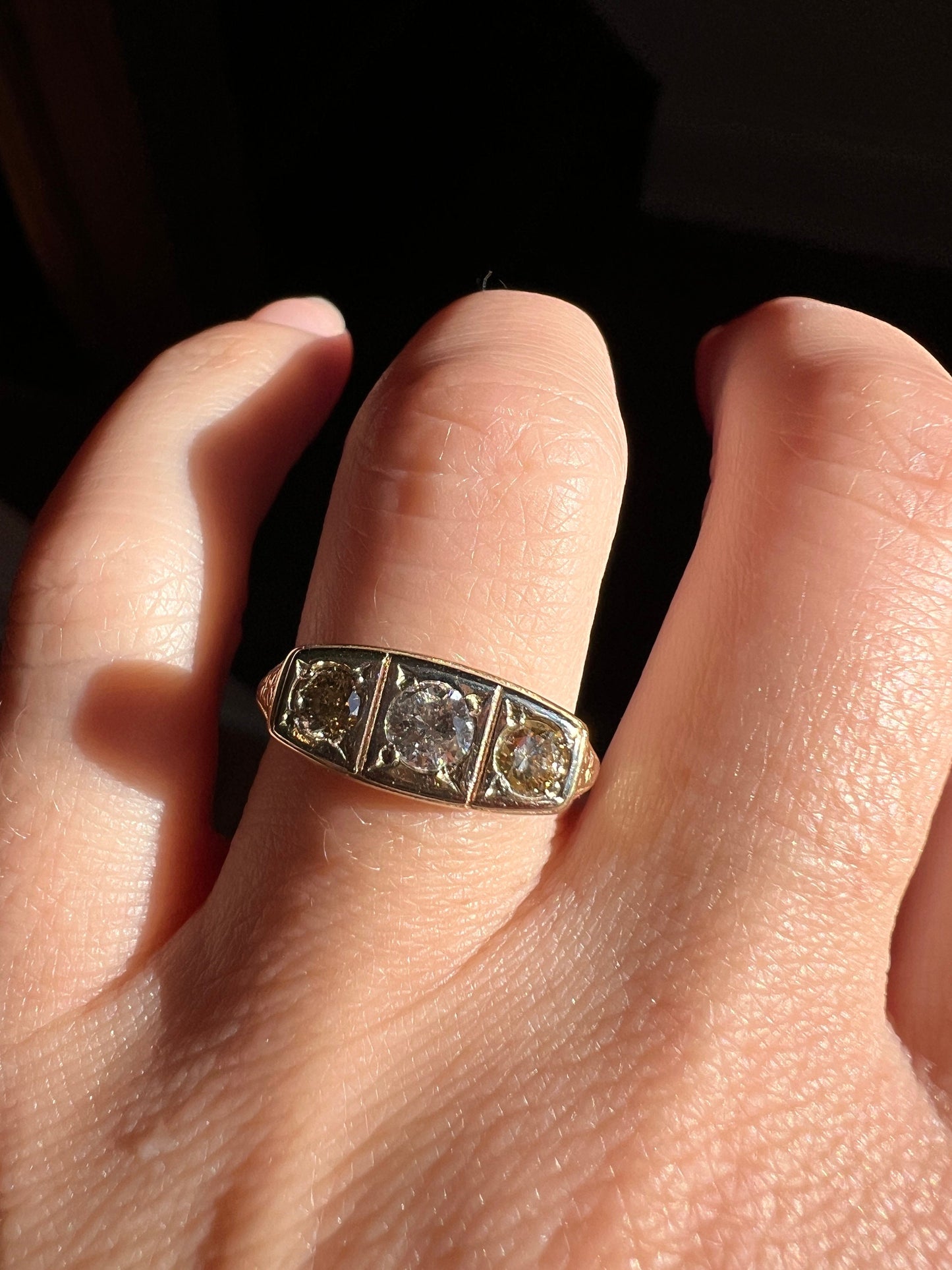 CHAMPAGNE, Colorless & Fancy BROWN Three Stone DIAMOND Ring 14k Yellow Gold Forget Me Not Flowers Vintage Art Deco Wide Band Stacker Gift