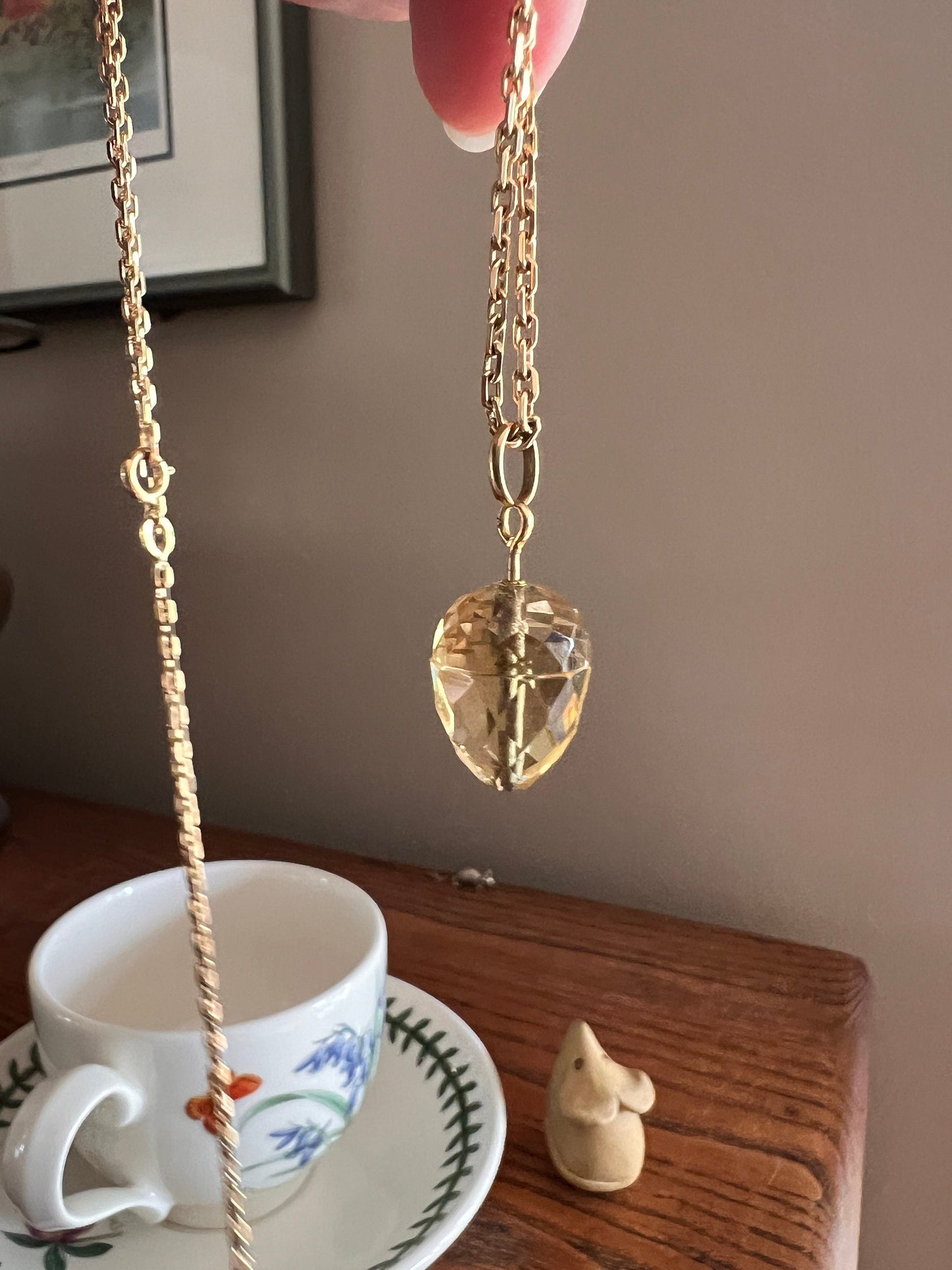 ACORN Yellow Citrine French Victorian ANTIQUE Figural Faceted Gemstone Pendant Necklace on Gold Fill Chain Spinner Pale Lemon Quartz 3D