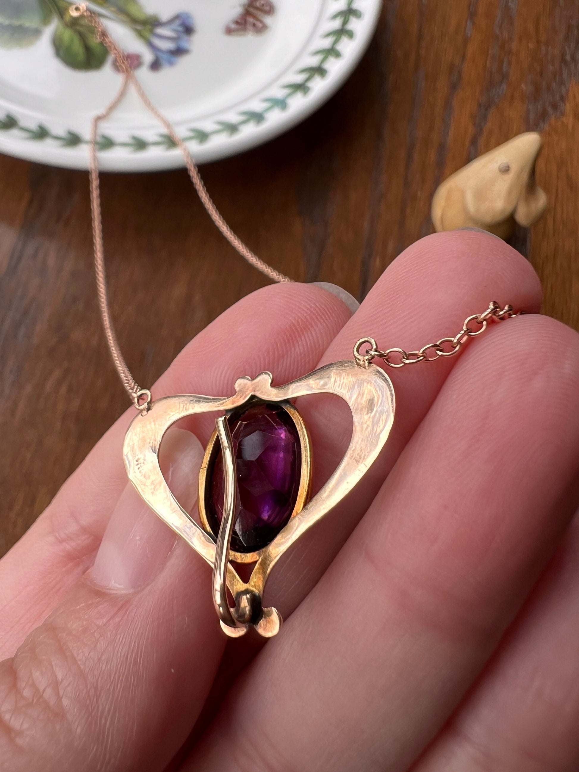 HEART Victorian Purple Paste Amethyst 10k Gold PENDANT HOLDER on 14k Chain Glowing Buff Top Oval Hook on Back Neckmess Neckstack Swap Charms