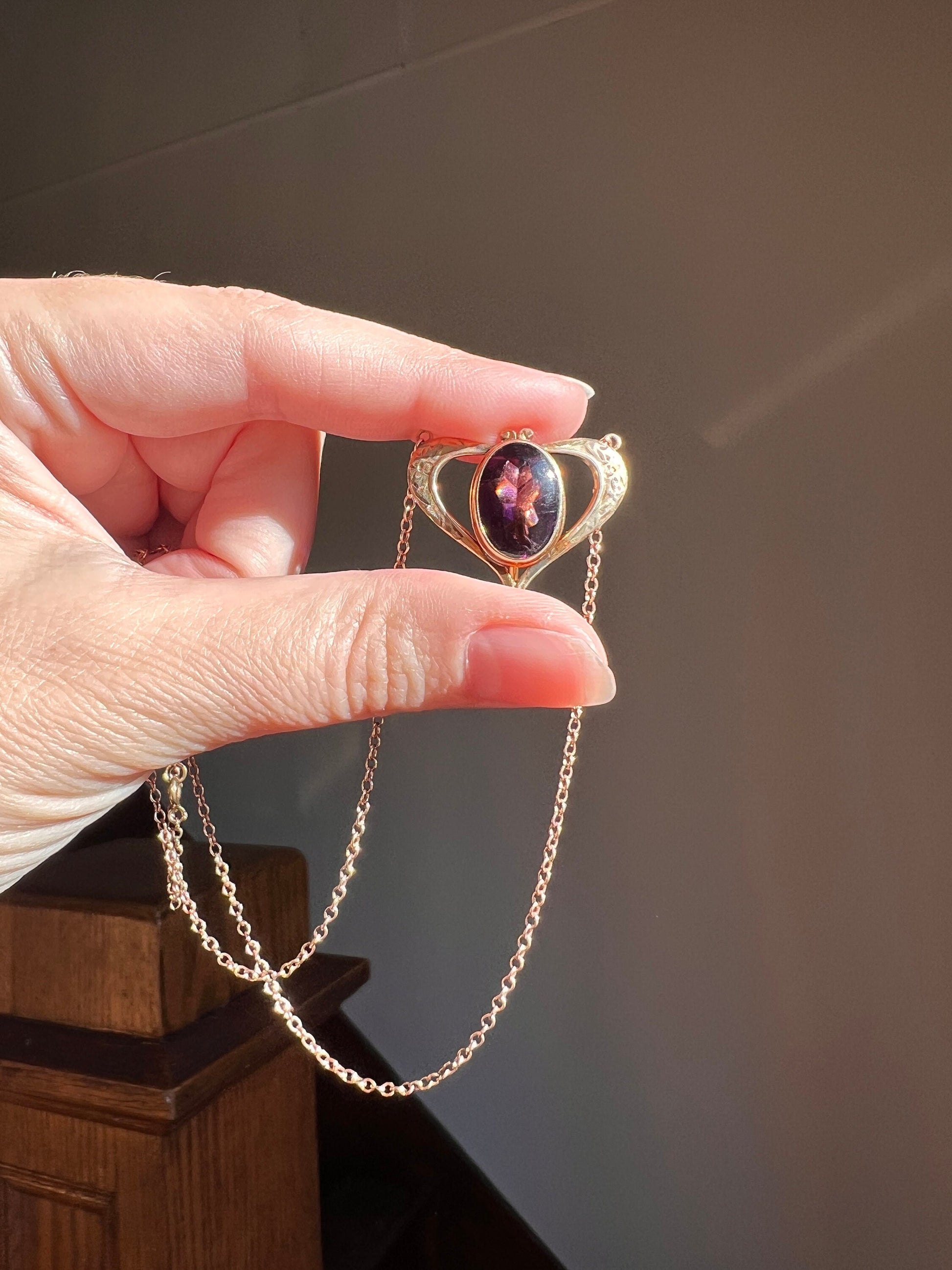 HEART Victorian Purple Paste Amethyst 10k Gold PENDANT HOLDER on 14k Chain Glowing Buff Top Oval Hook on Back Neckmess Neckstack Swap Charms
