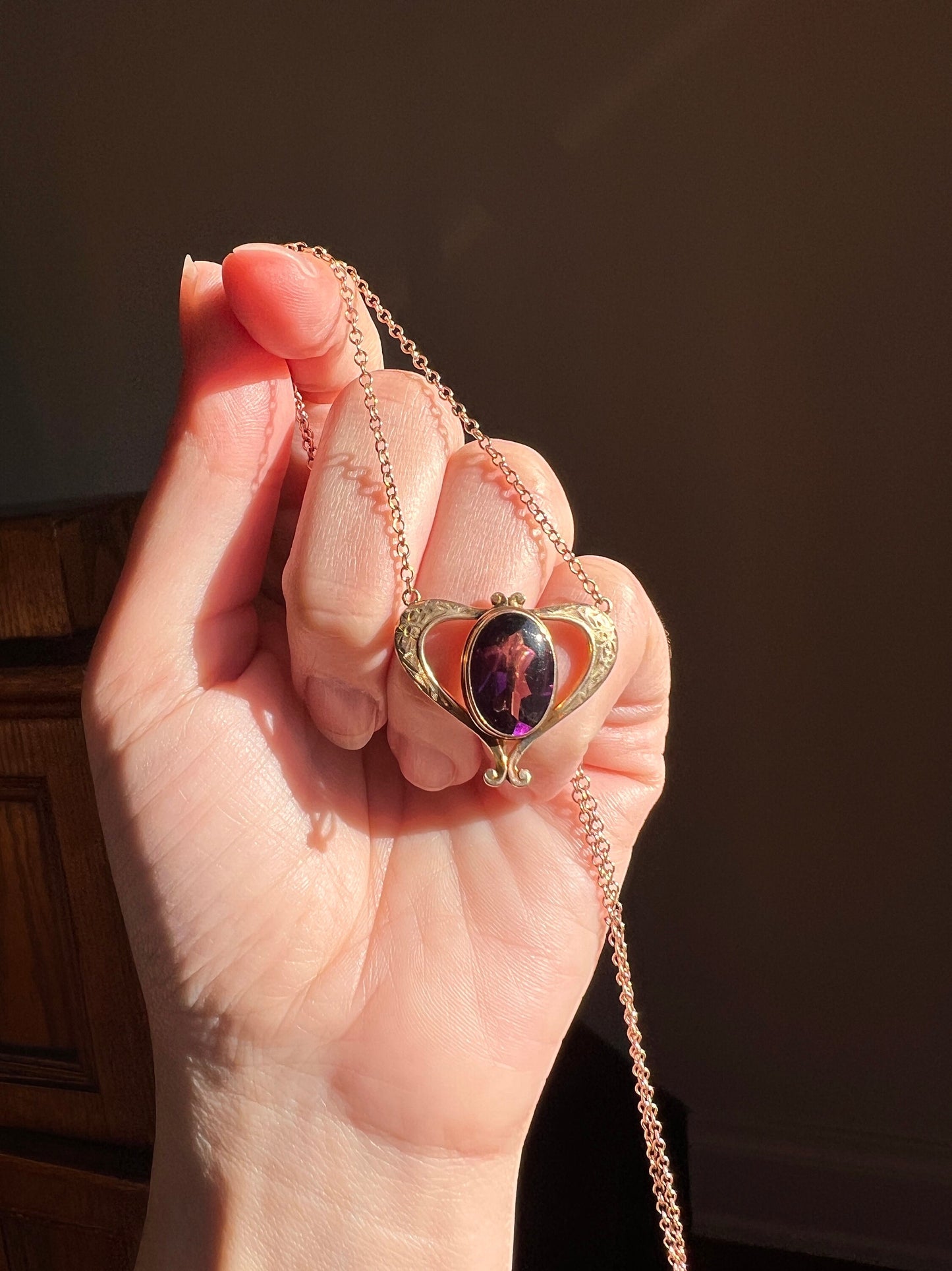 HEART Victorian Purple Paste Amethyst 10k Gold PENDANT HOLDER on 14k Chain Glowing Buff Top Oval Hook on Back Neckmess Neckstack Swap Charms