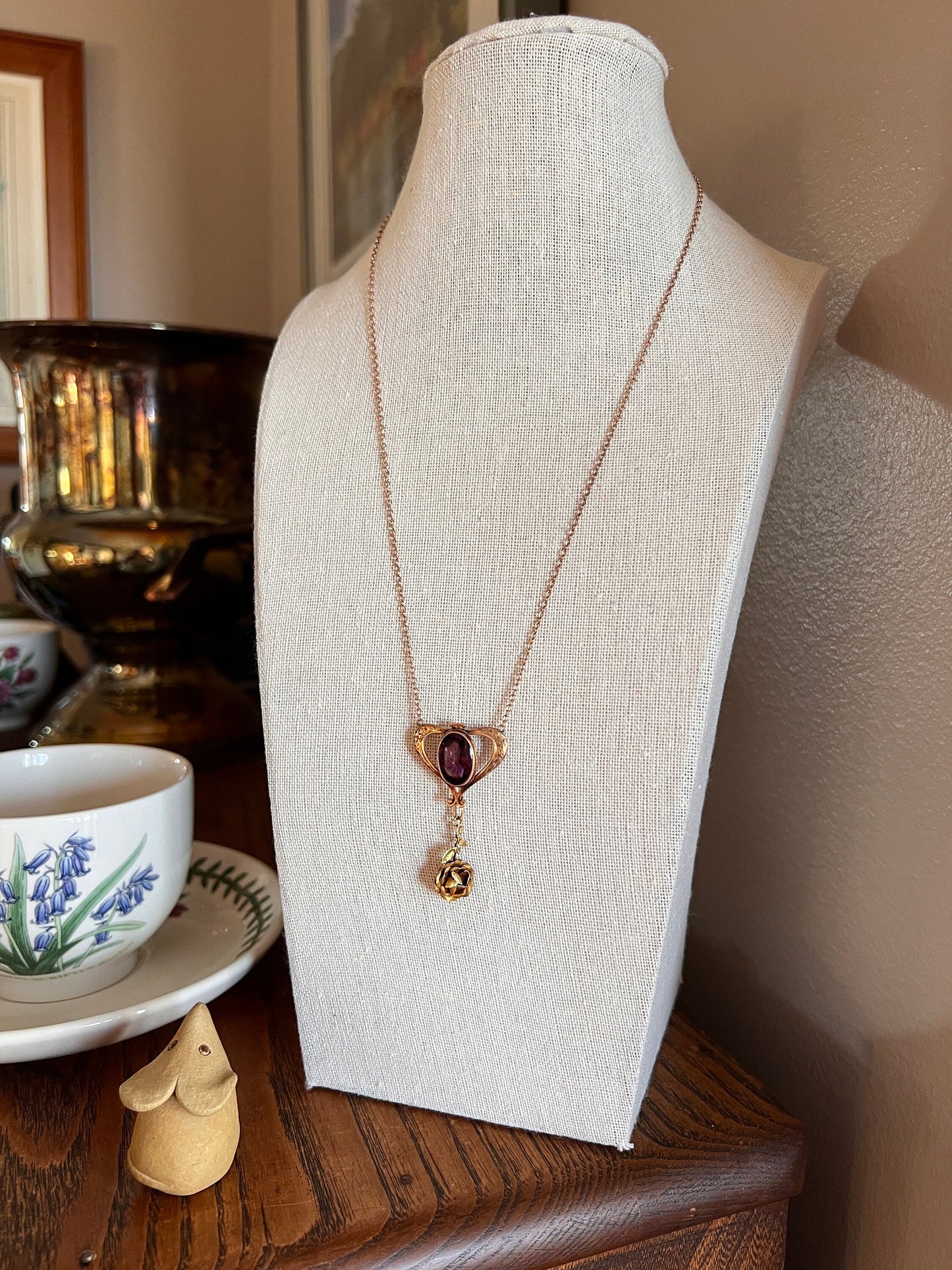 HEART Victorian Purple Paste Amethyst 10k Gold PENDANT HOLDER on 14k Chain Glowing Buff Top Oval Hook on Back Neckmess Neckstack Swap Charms