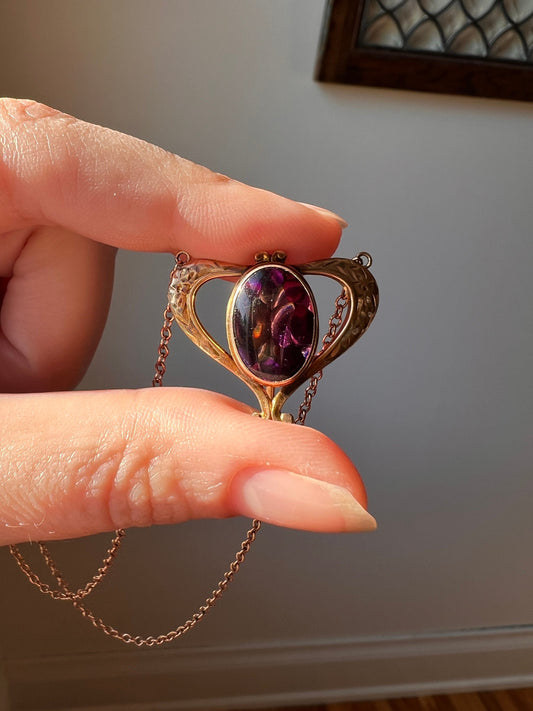 HEART Victorian Purple Paste Amethyst 10k Gold PENDANT HOLDER on 14k Chain Glowing Buff Top Oval Hook on Back Neckmess Neckstack Swap Charms