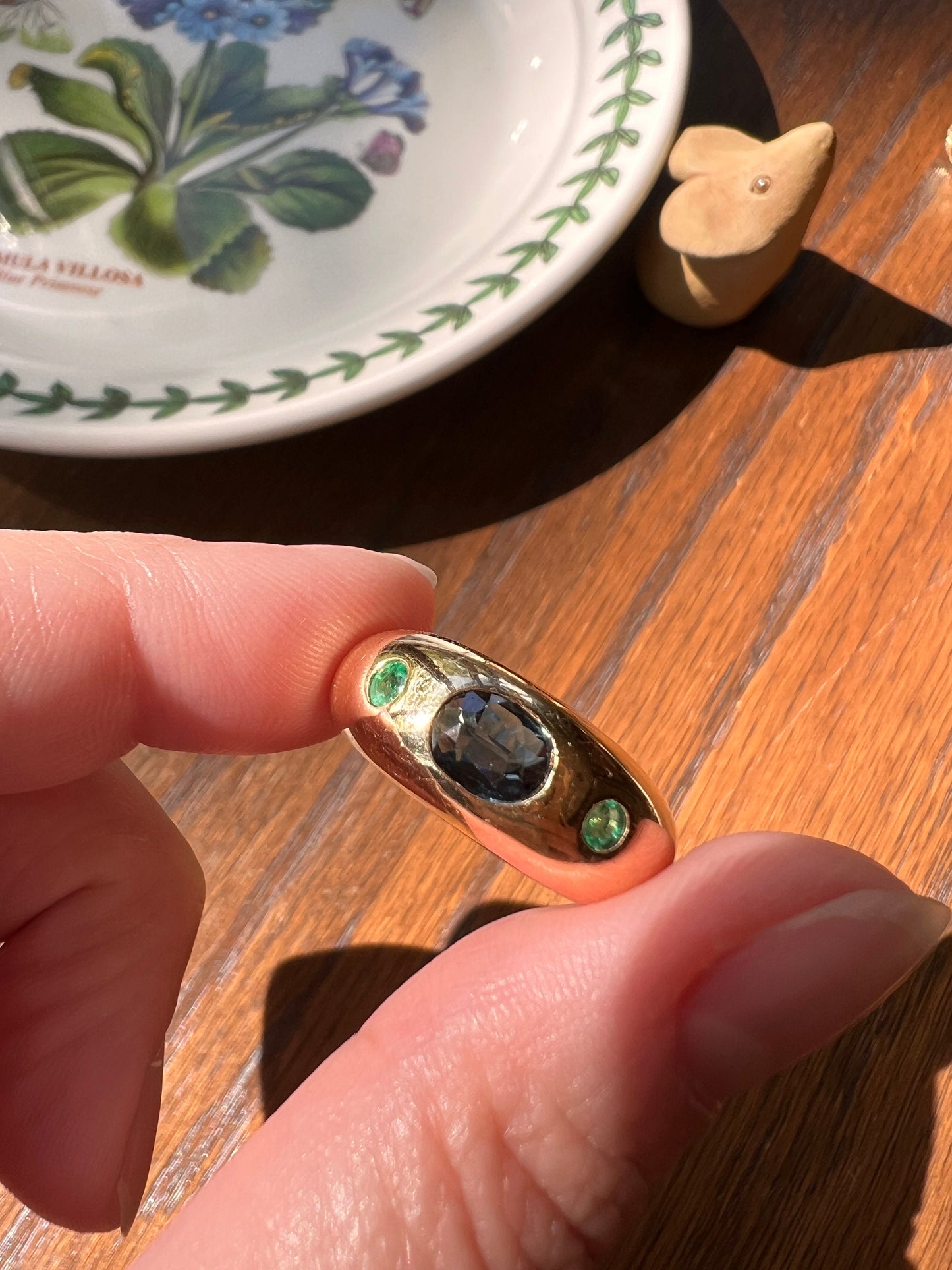 SAPPHIRE Green EMERALD Three Stone Gypsy Ring Chunky French Vintage 18k Gold Solid 3 Stone Band Blue Gift Retro Unisex Domed Stacker Bombe