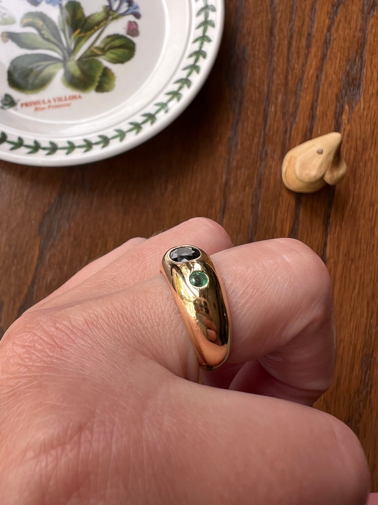 SAPPHIRE Green EMERALD Three Stone Gypsy Ring Chunky French Vintage 18k Gold Solid 3 Stone Band Blue Gift Retro Unisex Domed Stacker Bombe