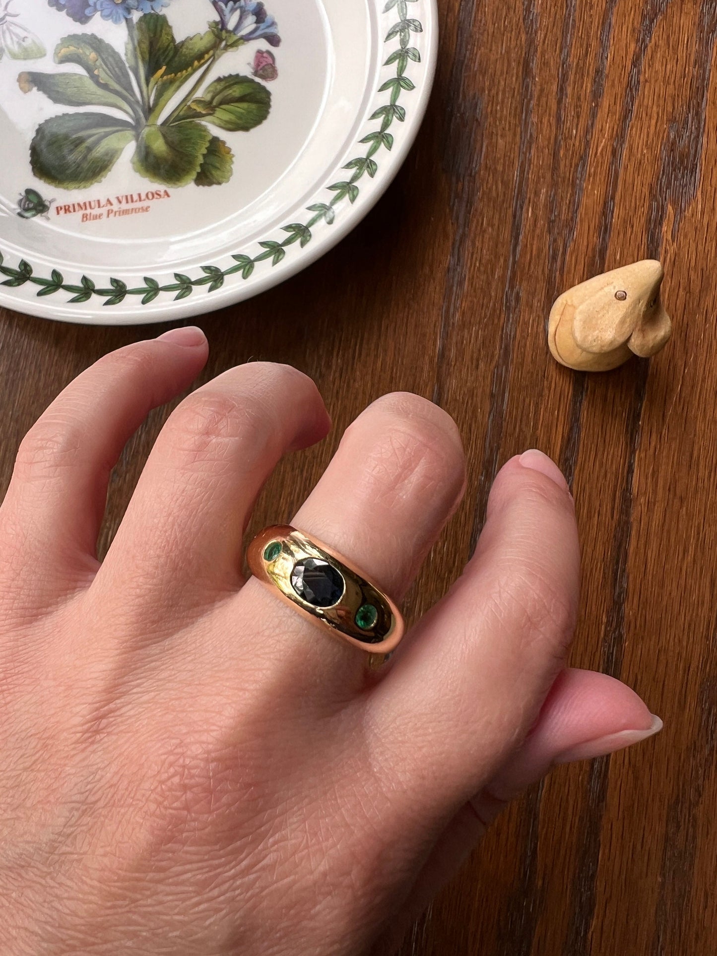 SAPPHIRE Green EMERALD Three Stone Gypsy Ring Chunky French Vintage 18k Gold Solid 3 Stone Band Blue Gift Retro Unisex Domed Stacker Bombe