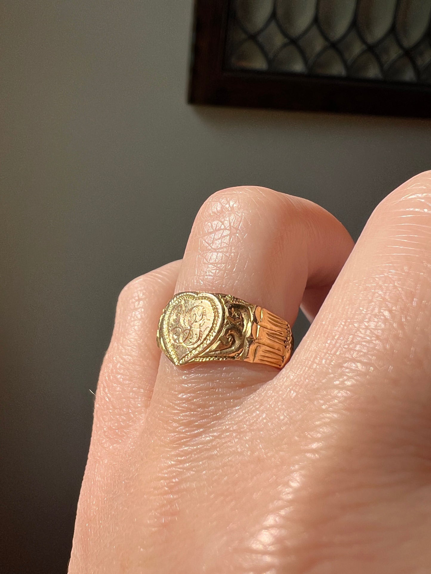 HEART Figural Antique 18k Signet Ring Hand Engraved Initials Monogram Y G J Wide Band Stacker Victorian Wedding Engagement Betrothal Gift