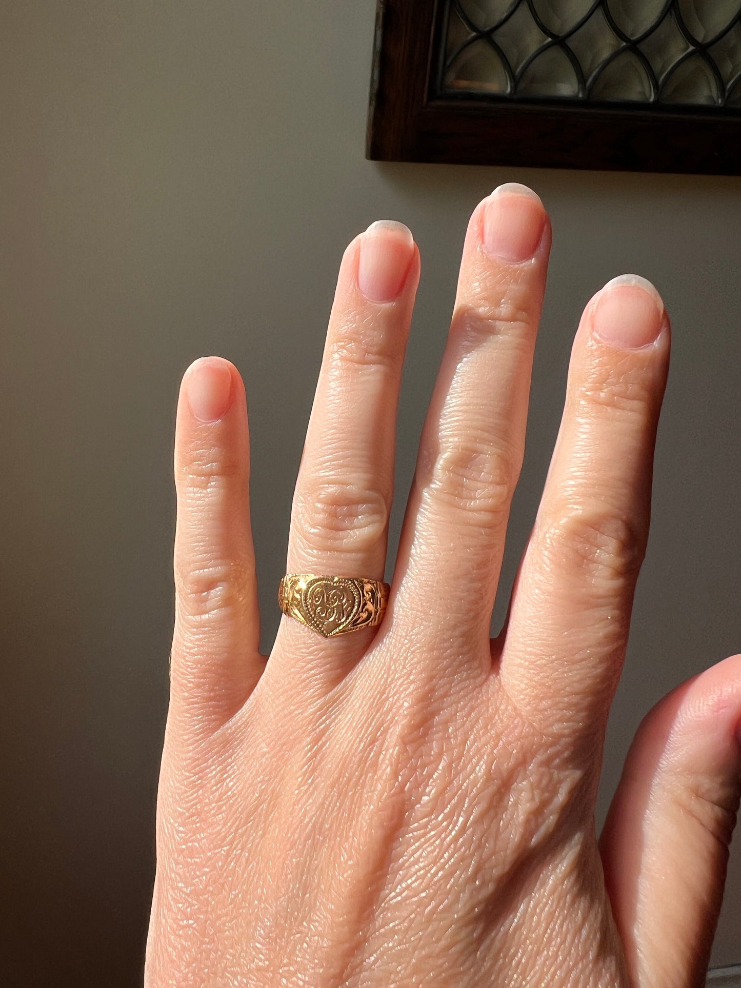 HEART Figural Antique 18k Signet Ring Hand Engraved Initials Monogram Y G J Wide Band Stacker Victorian Wedding Engagement Betrothal Gift