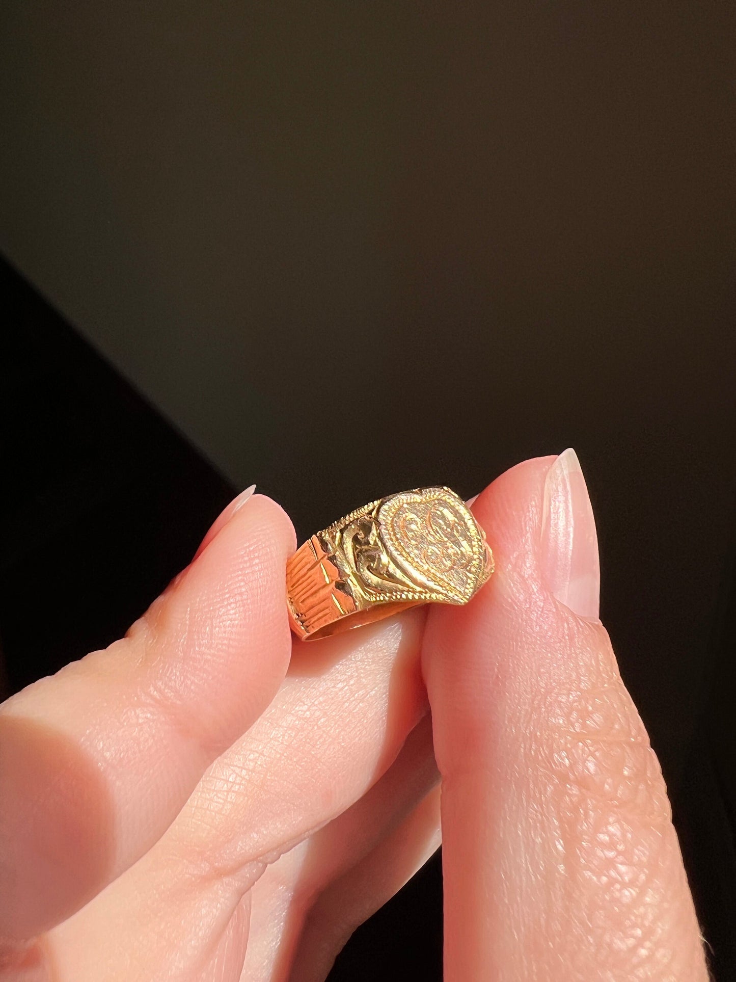 HEART Figural Antique 18k Signet Ring Hand Engraved Initials Monogram Y G J Wide Band Stacker Victorian Wedding Engagement Betrothal Gift