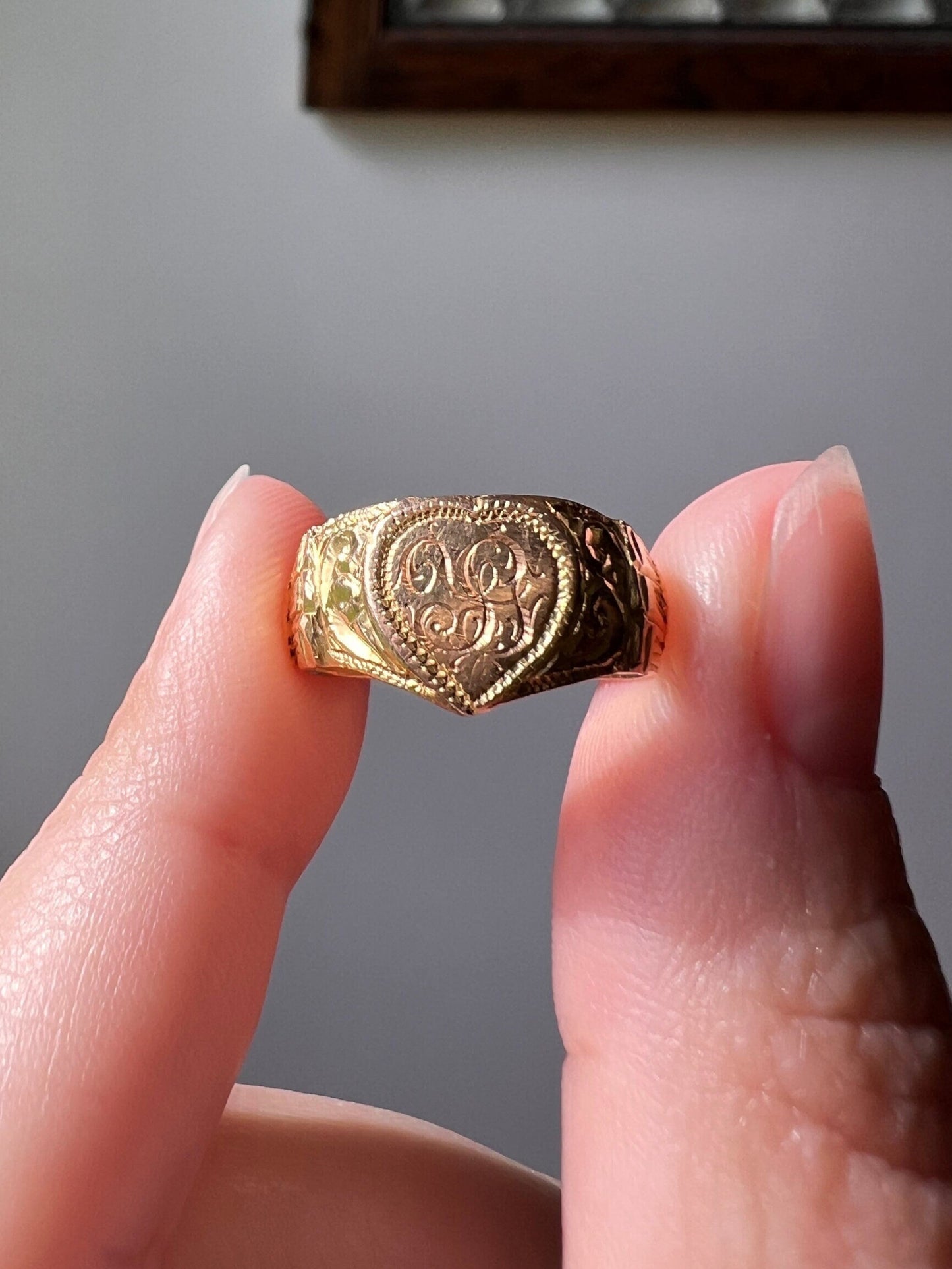 HEART Figural Antique 18k Signet Ring Hand Engraved Initials Monogram Y G J Wide Band Stacker Victorian Wedding Engagement Betrothal Gift