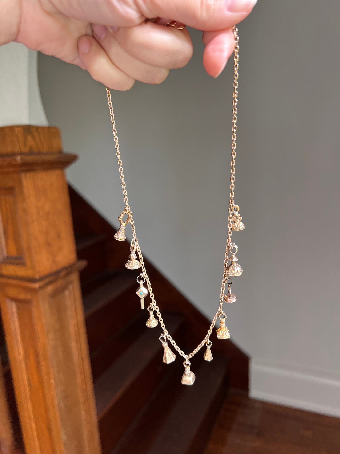 One of a Kind Twelve Piece VICTORIAN Antique FOBS Necklace Birds Horse Key Thistle Intaglio Chain 9k to 14k Gold Neckmess Quartz Bloodstone