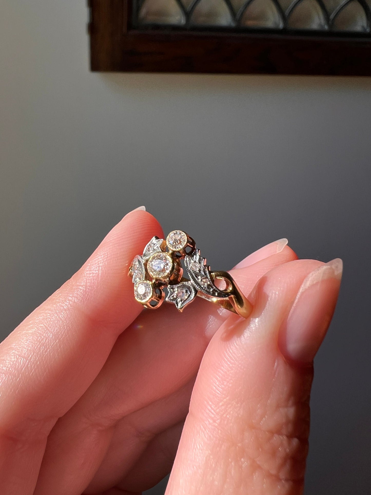 TULIPS Old Mine Rose Cut Diamond French Antique Belle Epoque Ring 18k Gold Art Nouveau Victorian Ornate Sparkle Floral Swirl Romantic Gift