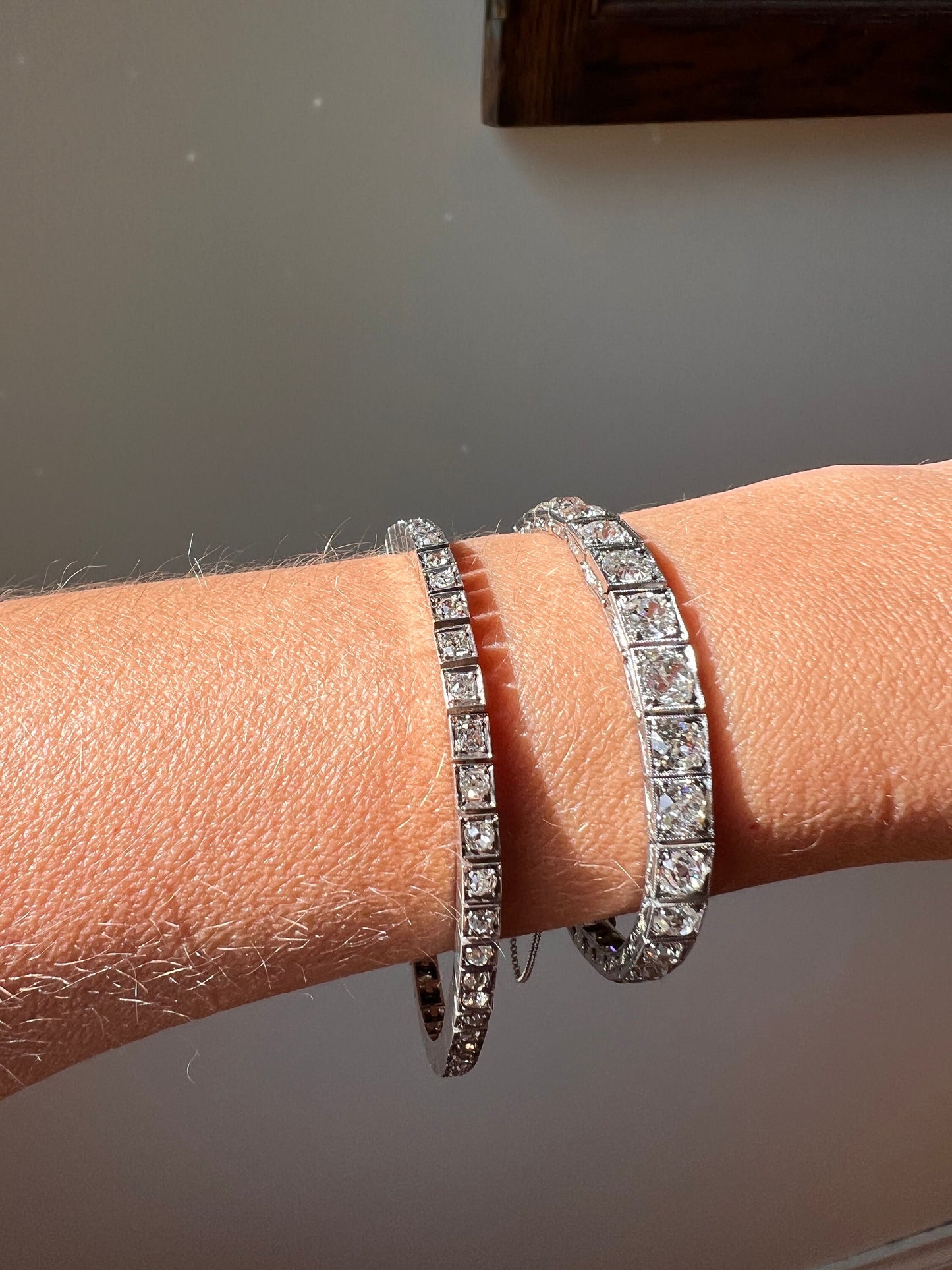 Antique 8 CARAT 32 Old Mine Cut DIAMOND Line Bracelet PLATINUM French Edwardian Geometric Engraved Wriststack Belle Epoque OmC Tennis 8Ctw