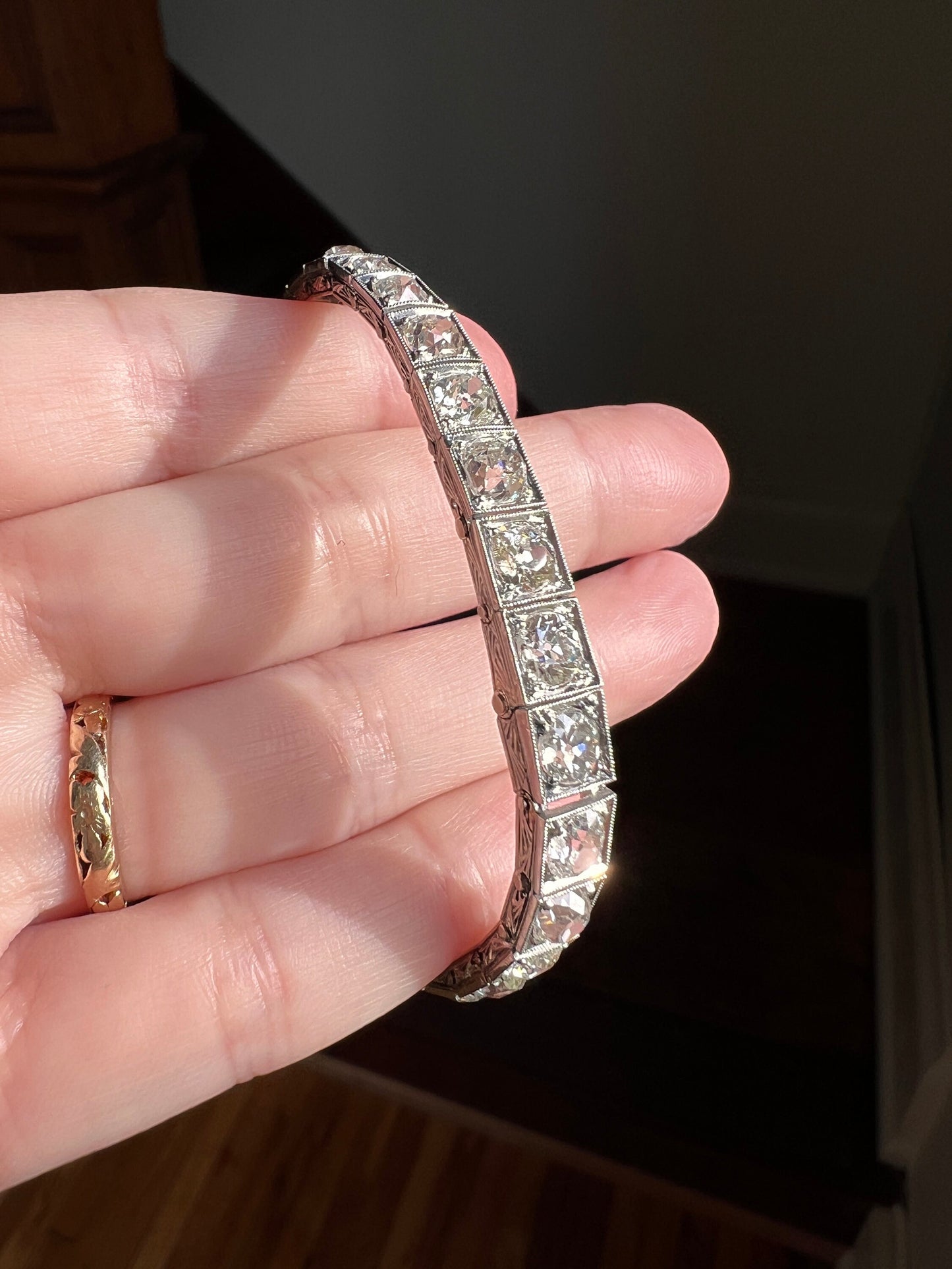 Antique 8 CARAT 32 Old Mine Cut DIAMOND Line Bracelet PLATINUM French Edwardian Geometric Engraved Wriststack Belle Epoque OmC Tennis 8Ctw