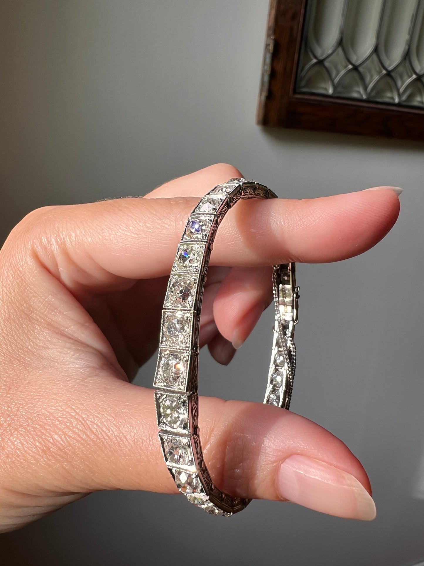 Antique 8 CARAT 32 Old Mine Cut DIAMOND Line Bracelet PLATINUM French Edwardian Geometric Engraved Wriststack Belle Epoque OmC Tennis 8Ctw