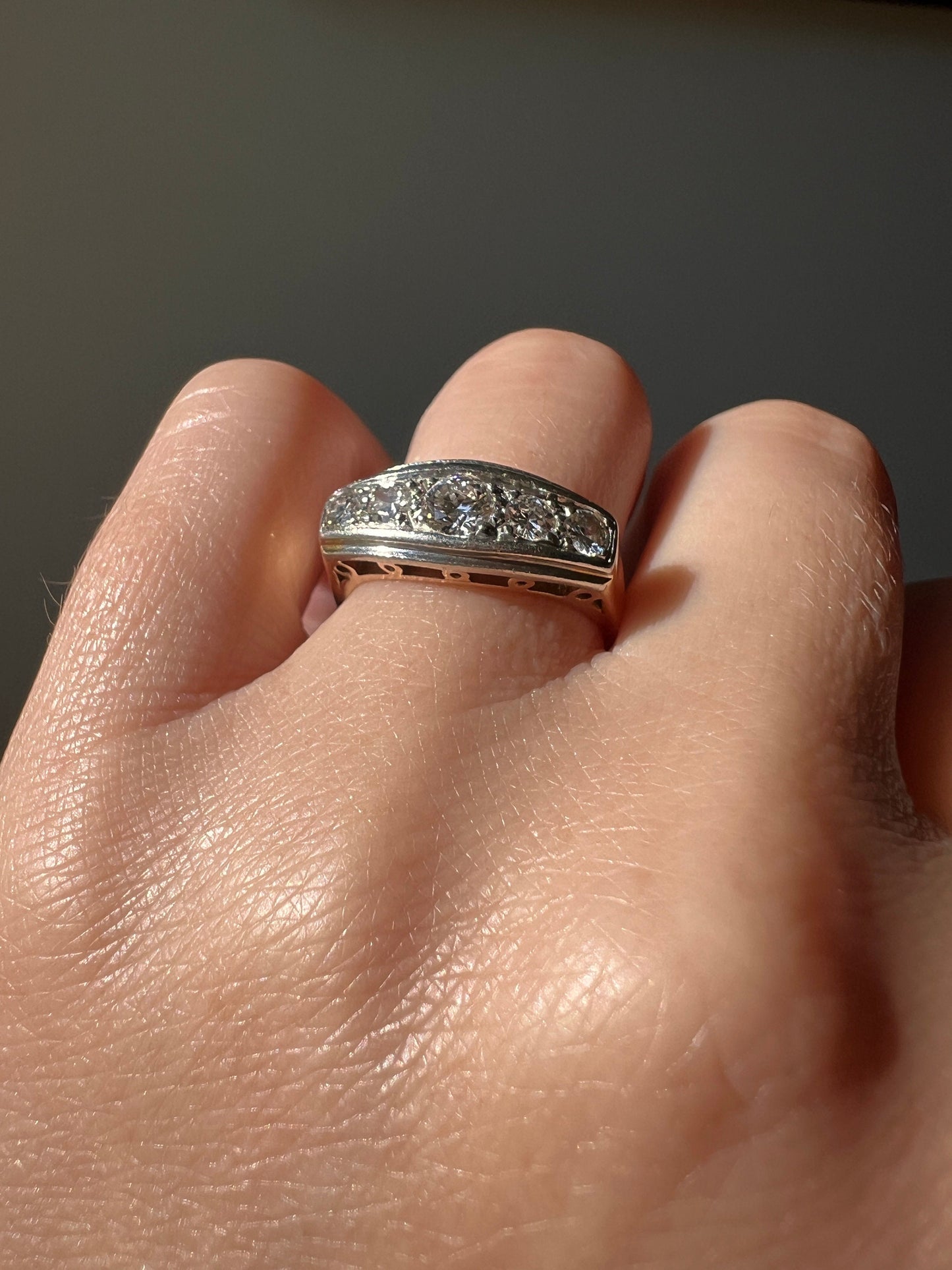 Art Deco .5 Carat Five Stone Ring 18k GOLD & PLATINUM Transitional Cut DIAMONDS Geometric Stacker Tall Boat Face Linear Vintage Antique .5ct