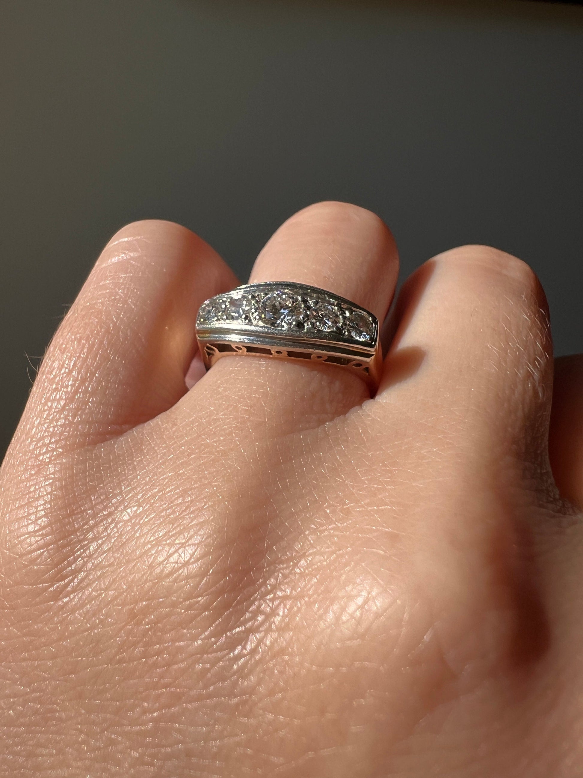 Art Deco .5 Carat Five Stone Ring 18k GOLD & PLATINUM Transitional Cut DIAMONDS Geometric Stacker Tall Boat Face Linear Vintage Antique .5ct