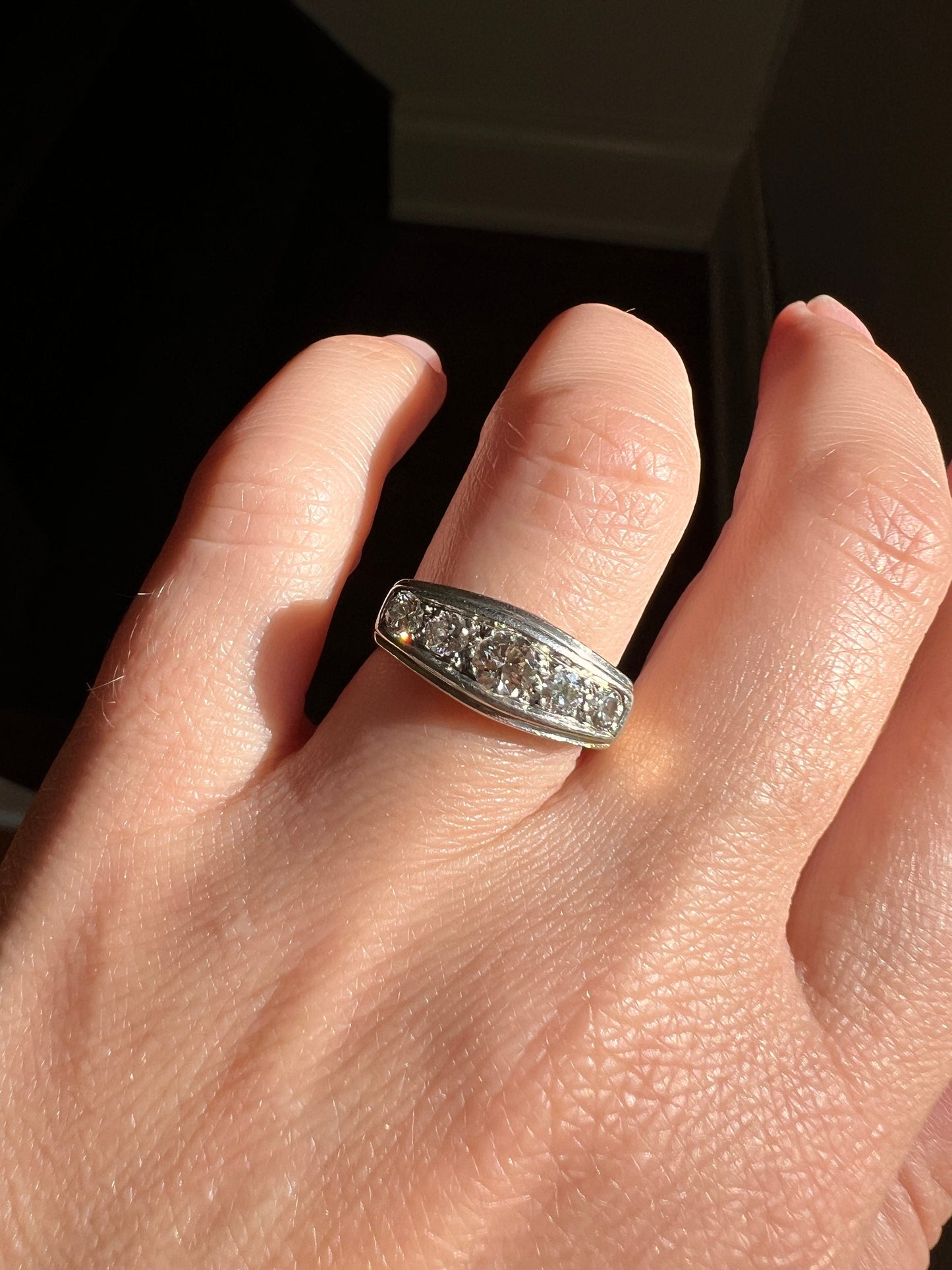 Art Deco .5 Carat Five Stone Ring 18k GOLD & PLATINUM Transitional Cut DIAMONDS Geometric Stacker Tall Boat Face Linear Vintage Antique .5ct