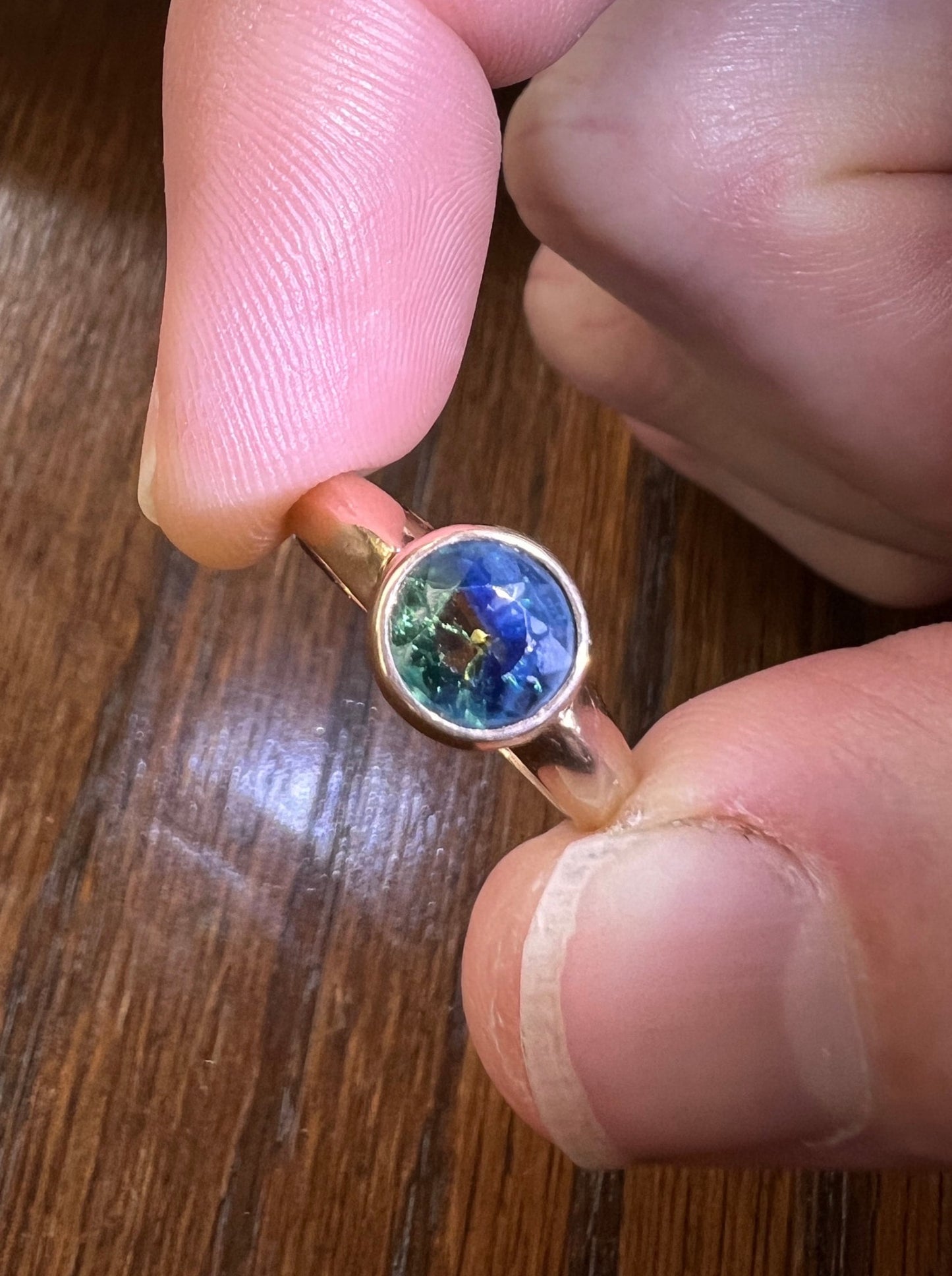 The 50/50 GREEN Half BLUE Natural Old Cut Sapphire Ring Victorian Antique 15k Rose Gold Ring Solitaire Alt Engagement Bi Color Gift OMC 14k