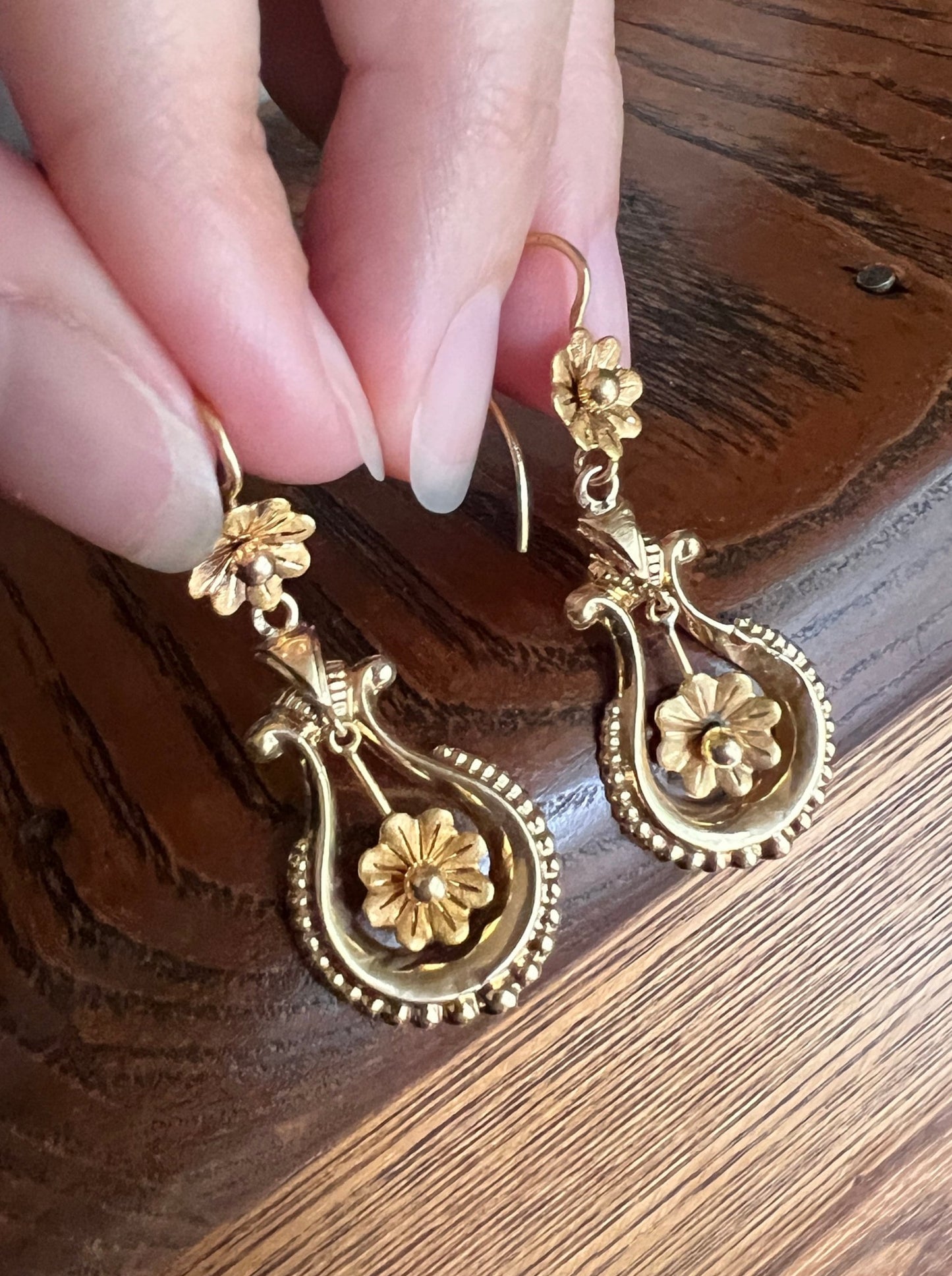 Floral Ball Rivet Dangle Earrings Teardrop FRENCH Regional Antique 18k GOLD Victorian Gift Belle Epoque Bridal Something Old Romantic Gift