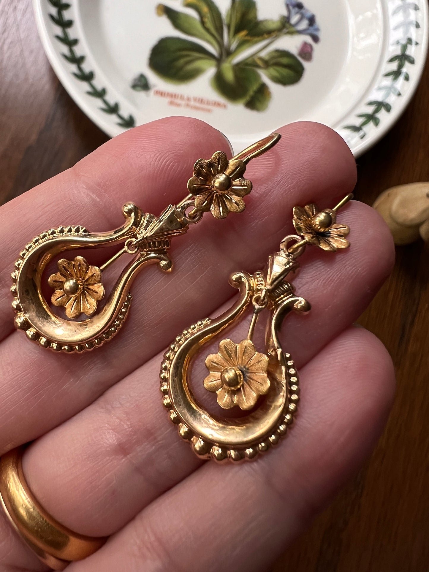 Floral Ball Rivet Dangle Earrings Teardrop FRENCH Regional Antique 18k GOLD Victorian Gift Belle Epoque Bridal Something Old Romantic Gift