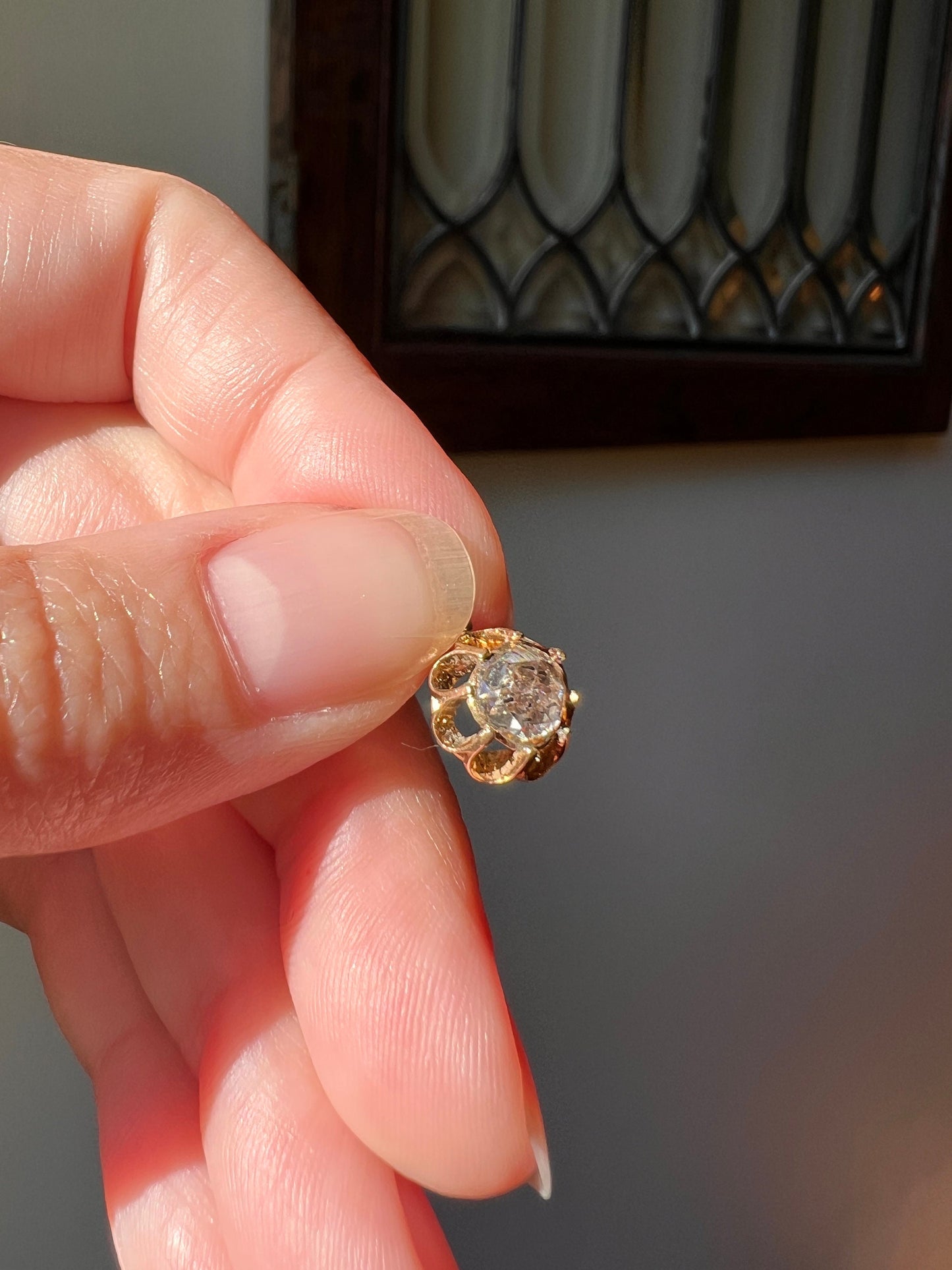 Rose Cut DIAMOND Drop Pendant 18k Gold Solid Crown Prong Domed Foil Back Dainty Solitaire French Georgian Victorian Necklace Charm Love Gift