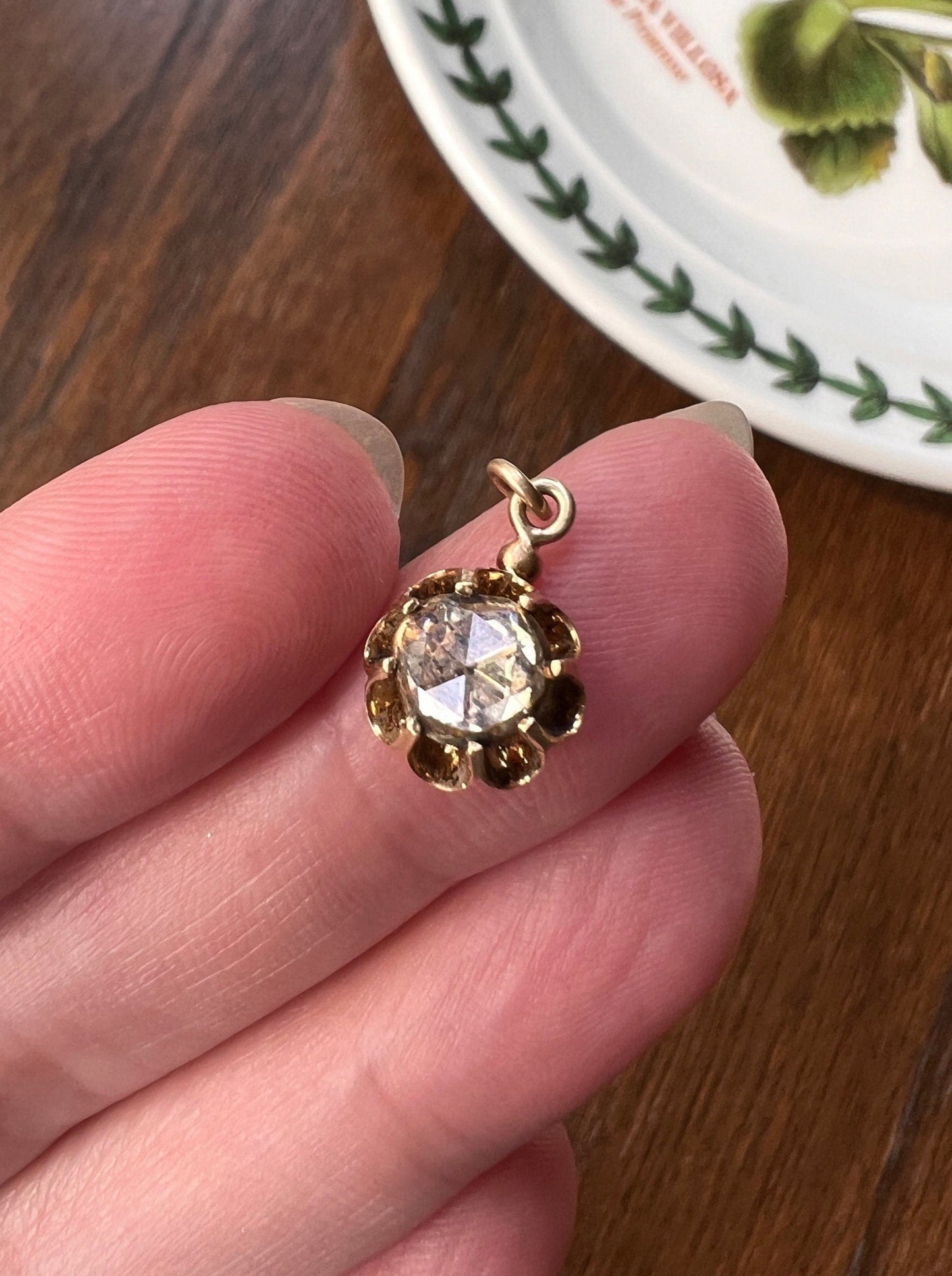 Rose Cut DIAMOND Drop Pendant 18k Gold Solid Crown Prong Domed Foil Back Dainty Solitaire French Georgian Victorian Necklace Charm Love Gift