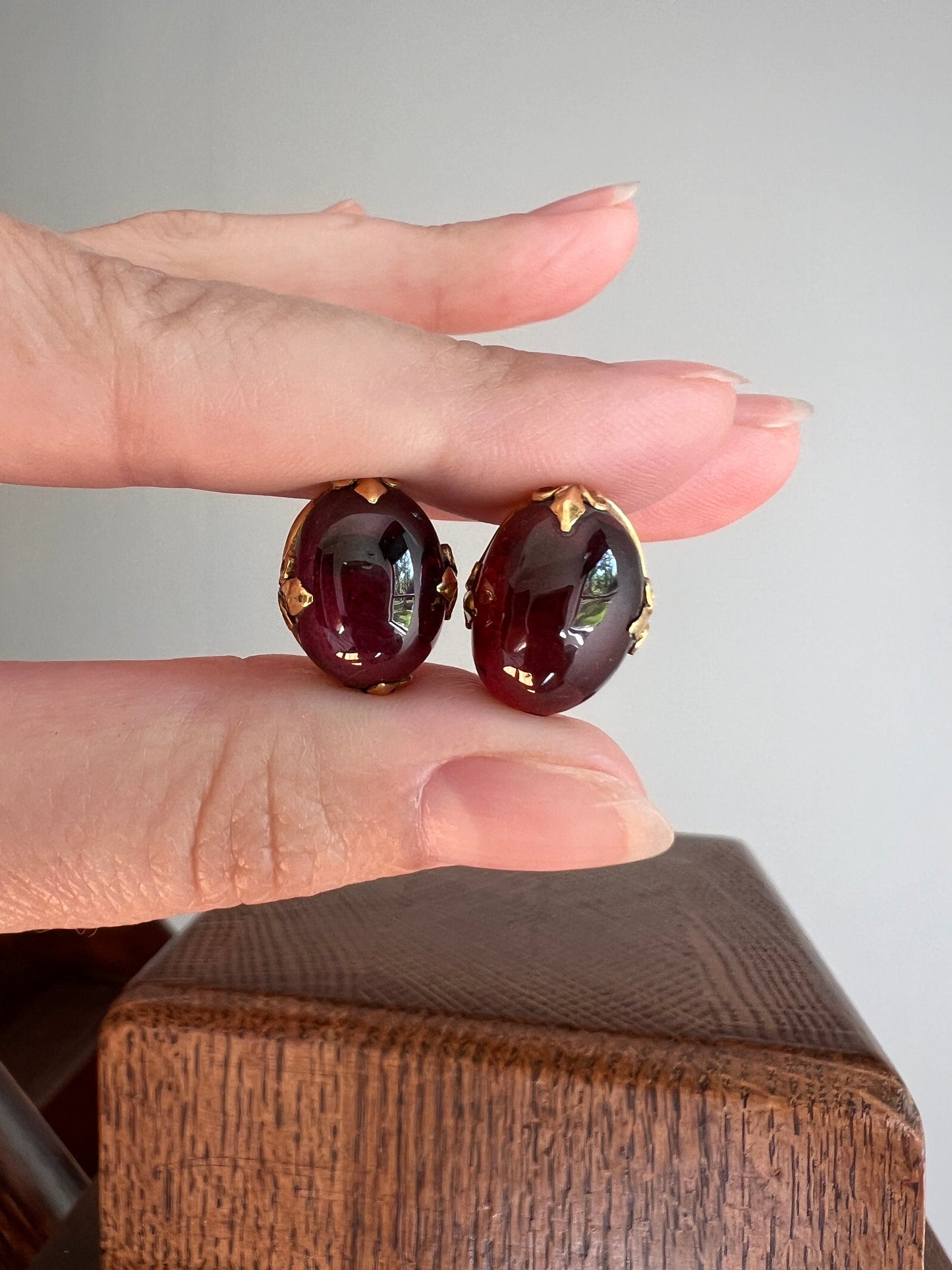 Fleur De Lis Prongs Large Juicy Cabochon Garnet Stud Earrings Vintage to Antique 14k Gold Glowing Crimson Red Domed Chunky Statement Orbs