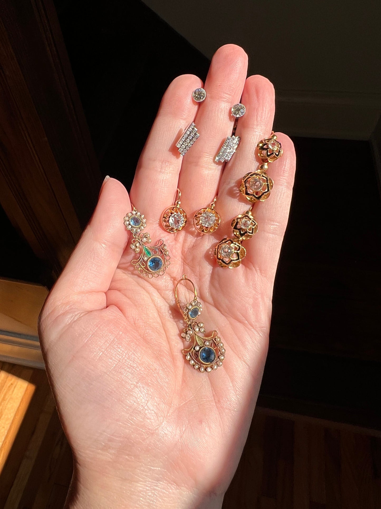 FRENCH Antique Art Nouveau 18k GOLD Cushion Cut Paste 1.5ctw Dangle Dormeuse EARRINGs BUTTERCUP Victorian Belle Epoque Bridal Something Old