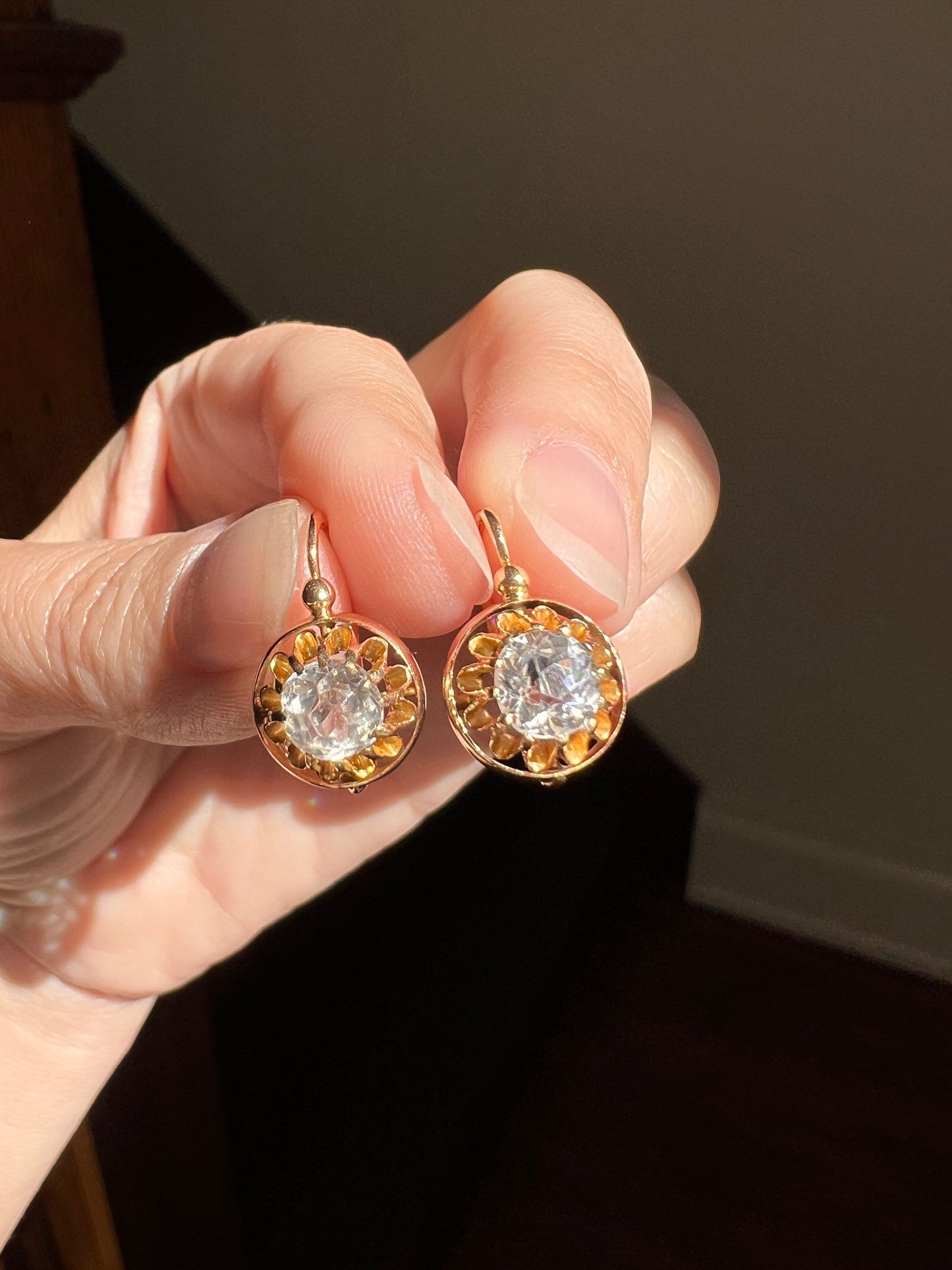 FRENCH Antique Art Nouveau 18k GOLD Cushion Cut Paste 1.5ctw Dangle Dormeuse EARRINGs BUTTERCUP Victorian Belle Epoque Bridal Something Old