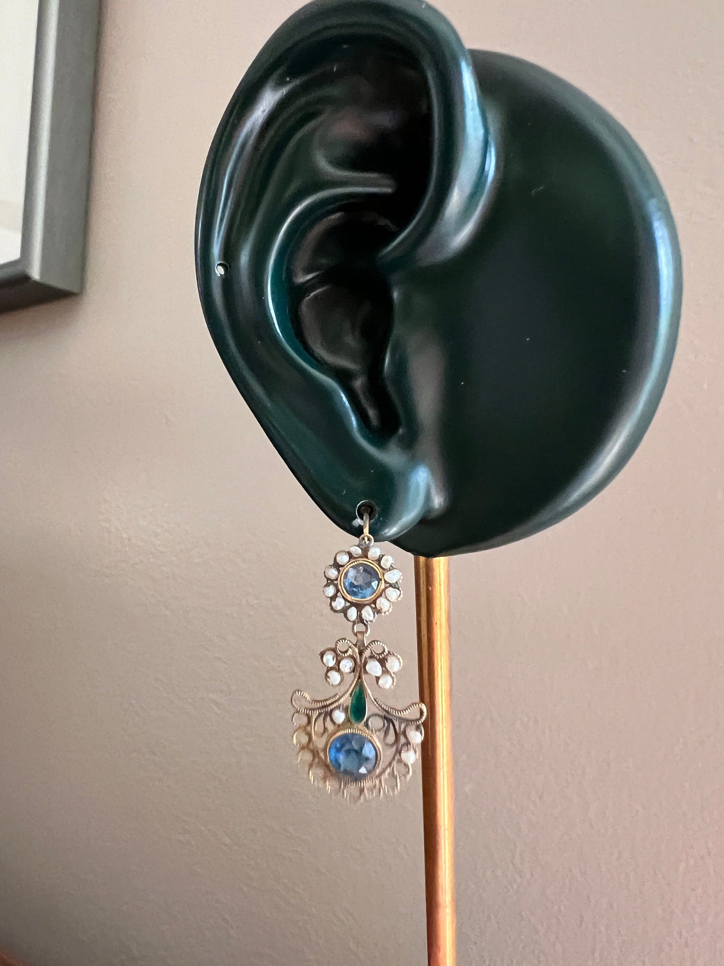 PEACOCK Rare 200 Year Old FRENCH Day to Night Dangle Dormeuse Earrings 18k Gold Blue Paste Pearls Vintage Georgian Napoleon Bonaparte Gift