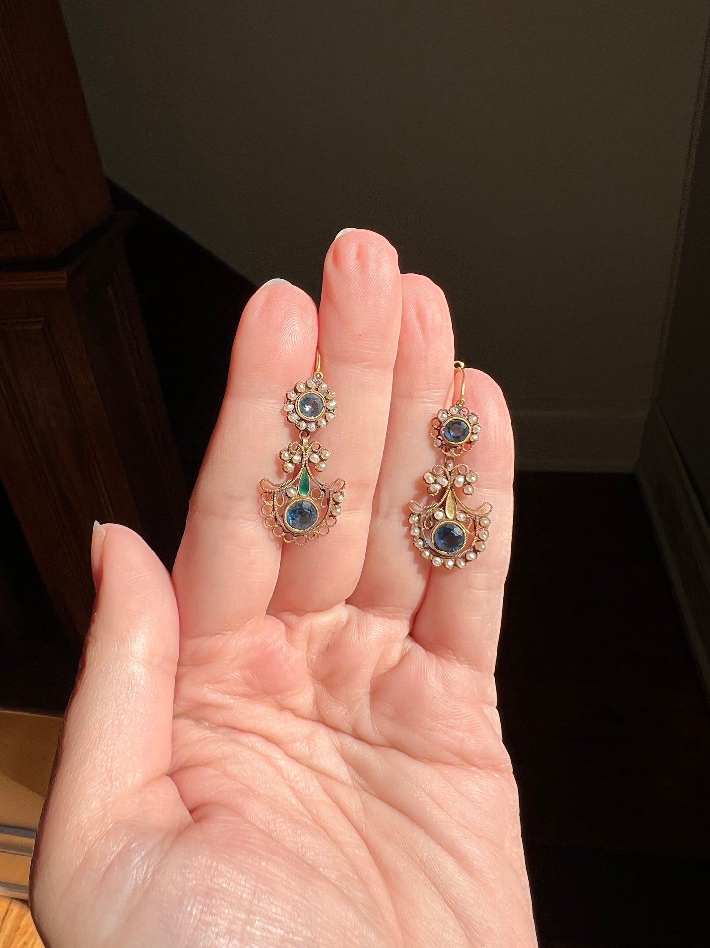 PEACOCK Rare 200 Year Old FRENCH Day to Night Dangle Dormeuse Earrings 18k Gold Blue Paste Pearls Vintage Georgian Napoleon Bonaparte Gift