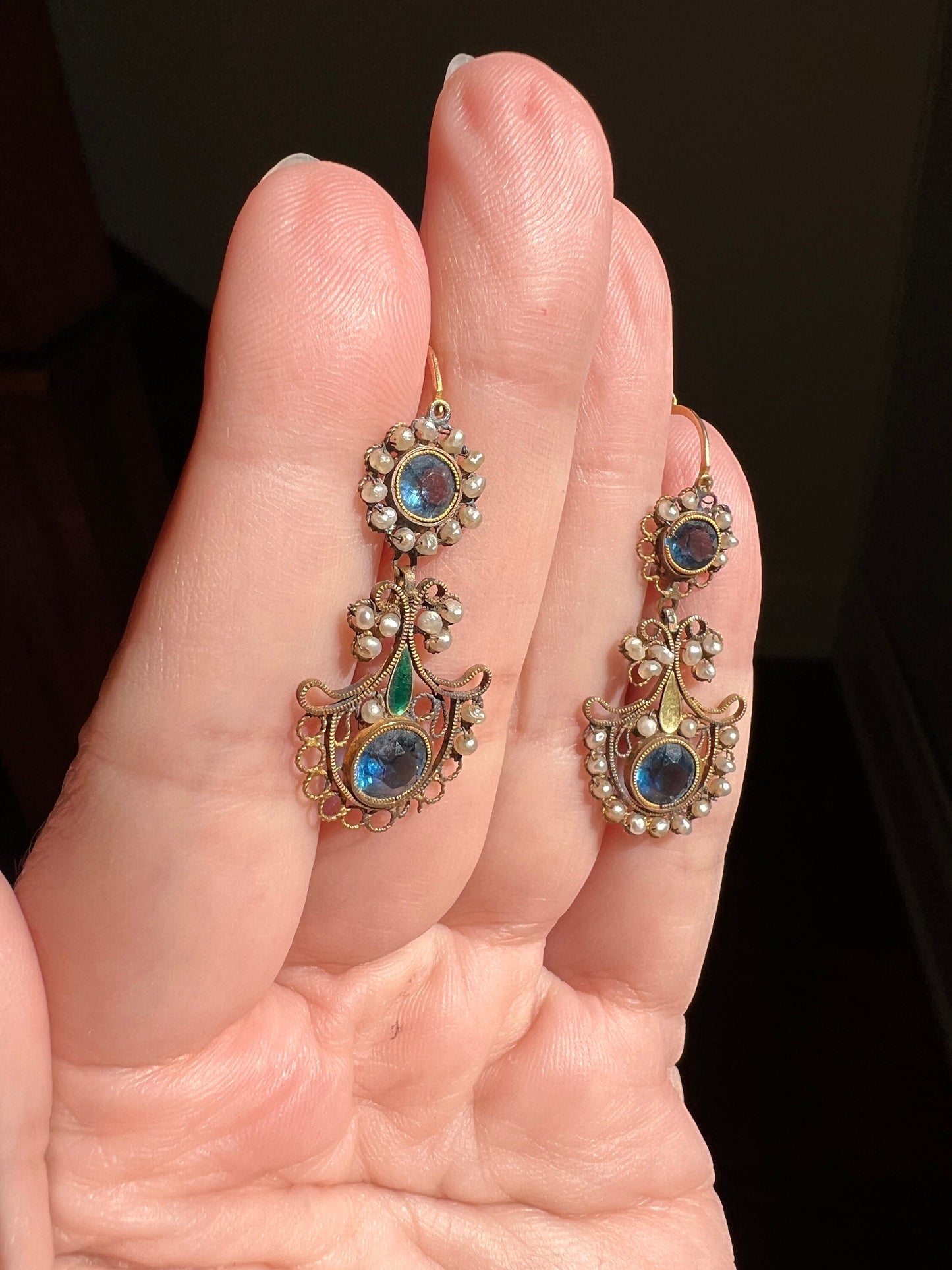 PEACOCK Rare 200 Year Old FRENCH Day to Night Dangle Dormeuse Earrings 18k Gold Blue Paste Pearls Vintage Georgian Napoleon Bonaparte Gift
