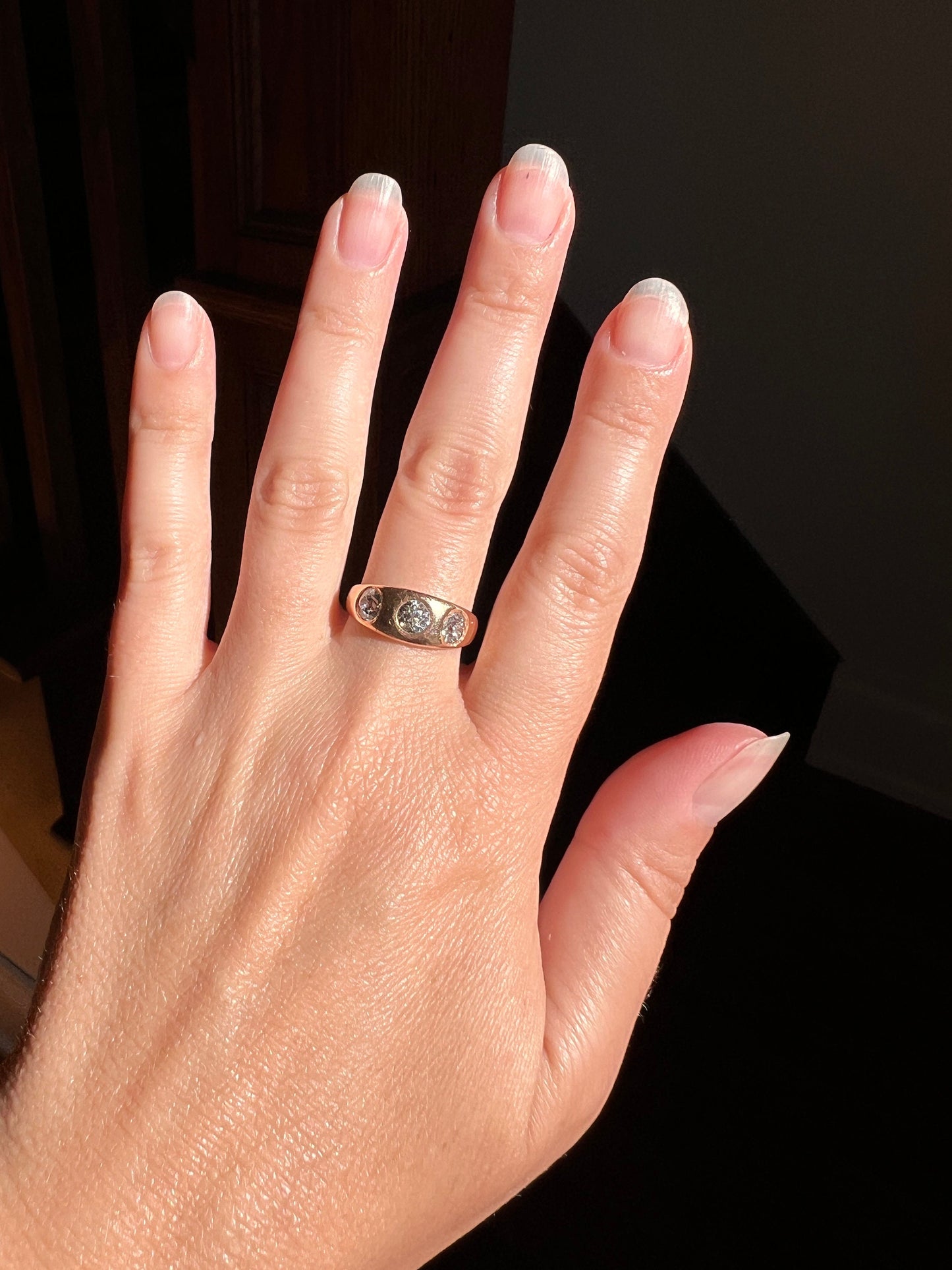 Three Stone 1.15 Carat Old European Cut ANTIQUE 18k Rose Gold Ring Chunky Stacker Gypsy Band French Belle Epoque Romantic Gift OEC Unisex