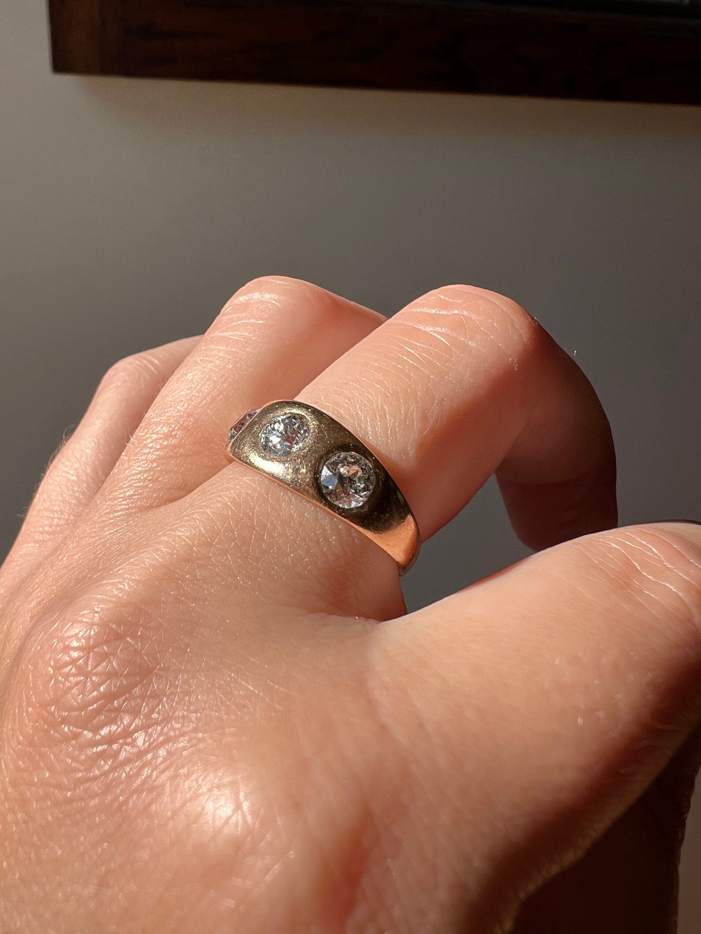 Three Stone 1.15 Carat Old European Cut ANTIQUE 18k Rose Gold Ring Chunky Stacker Gypsy Band French Belle Epoque Romantic Gift OEC Unisex