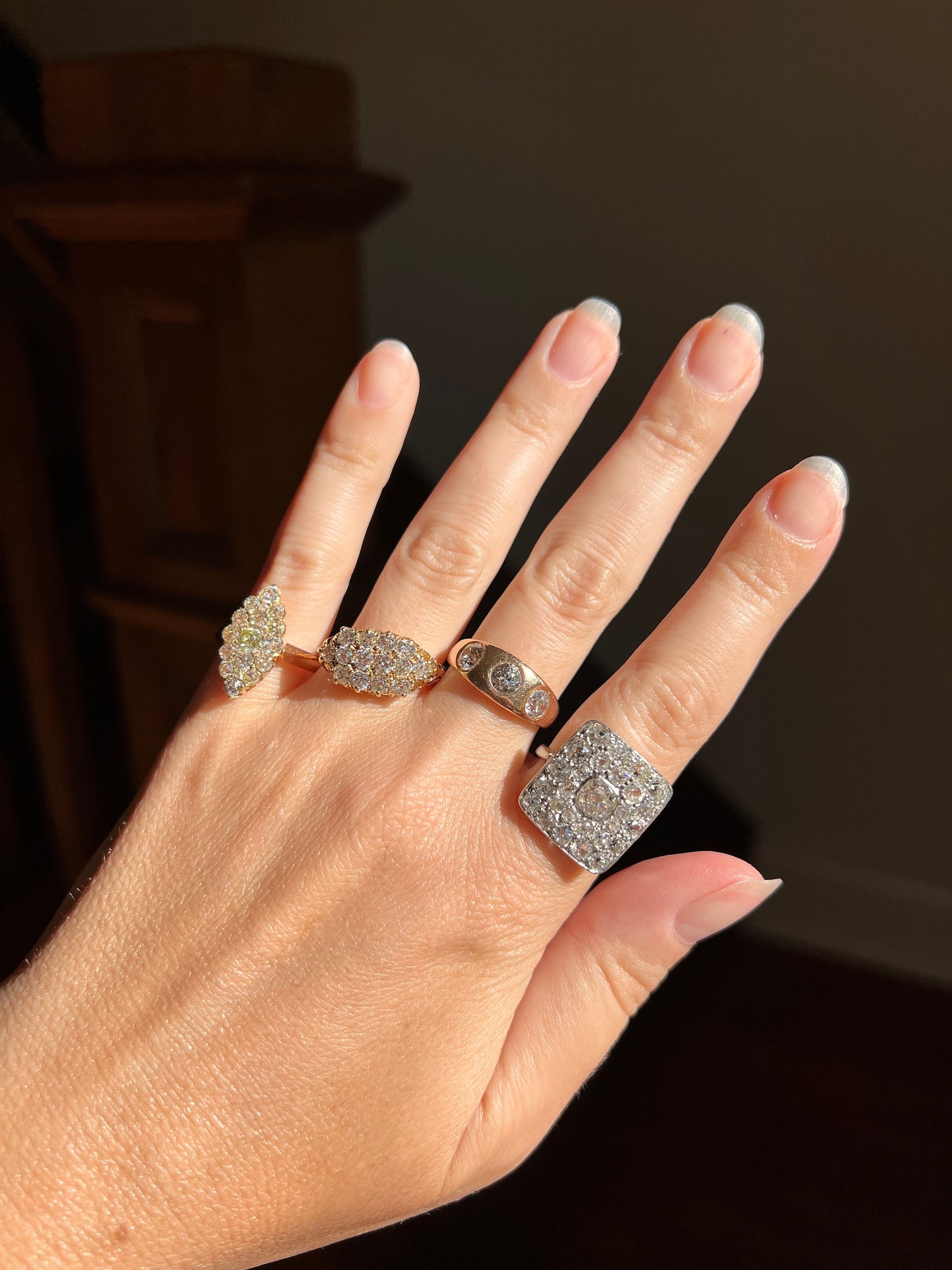 Three Stone 1.15 Carat Old European Cut ANTIQUE 18k Rose Gold Ring Chunky Stacker Gypsy Band French Belle Epoque Romantic Gift OEC Unisex