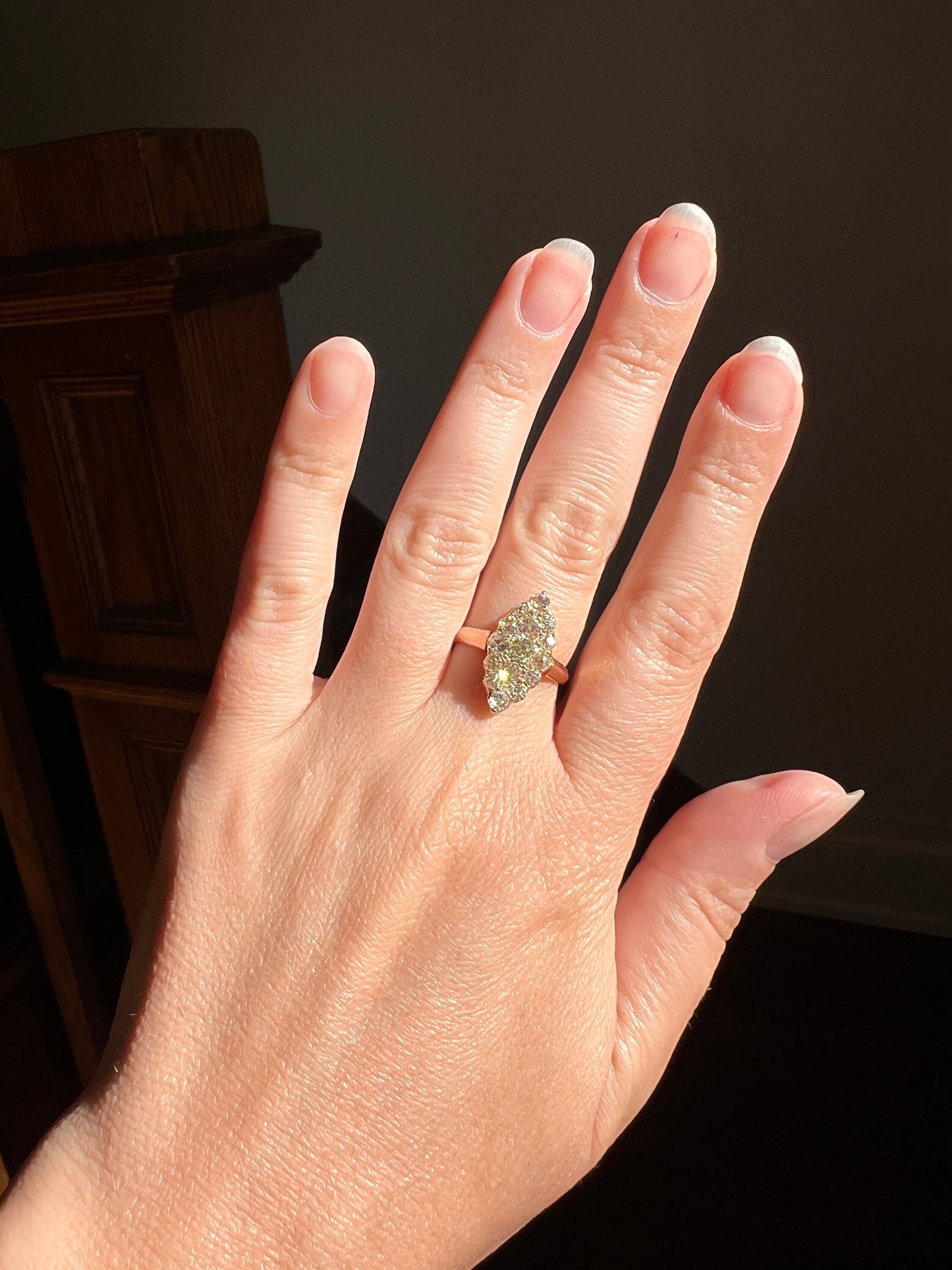 NAVETTE 1.2 Carat Old Mine Cut DIAMOND Yellow Green Victorian Antique 18k Gold Ring Stacker Romantic Gift OMC Chunky Cobblestone Texture OmC