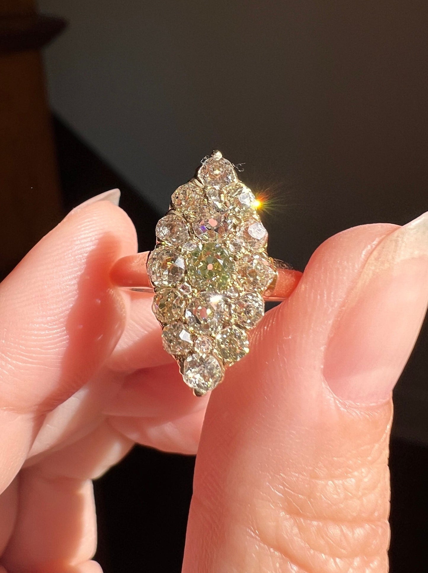 NAVETTE 1.2 Carat Old Mine Cut DIAMOND Yellow Green Victorian Antique 18k Gold Ring Stacker Romantic Gift OMC Chunky Cobblestone Texture OmC